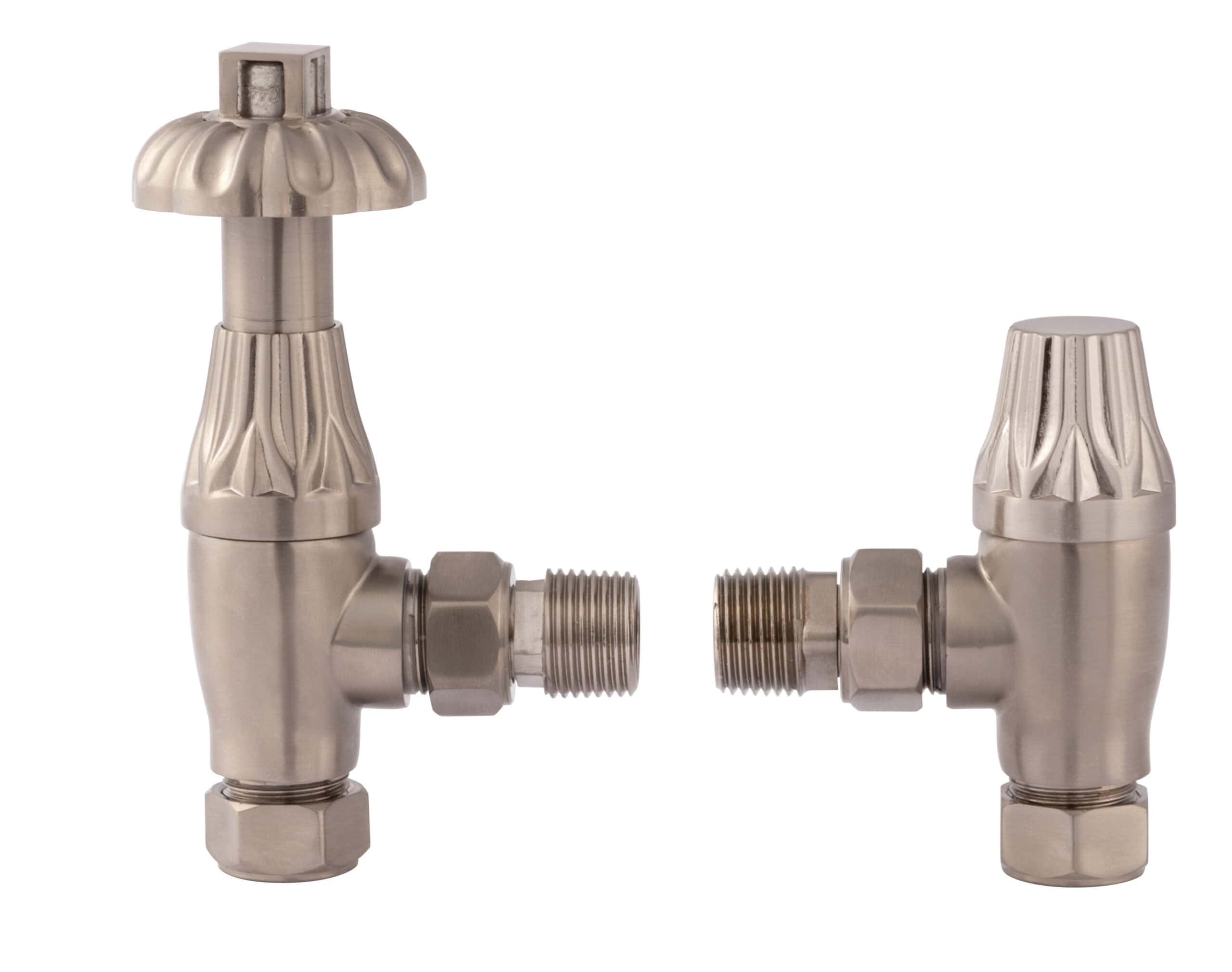 Brass radiator valves with a vintage design, suitable for modern or traditional bathroom heating systems. Perfect for enhancing the aesthetic of Bubly Bathrooms' heating solutions.