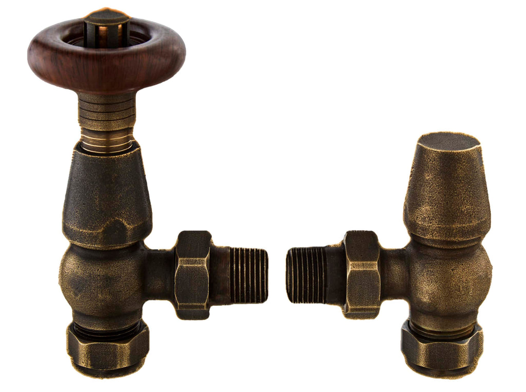 Antique brass radiator valve fittings for bathroom heating systems, vintage style plumbing accessories, showcasing high-quality craftsmanship and durable materials for elegant bathroom decor.