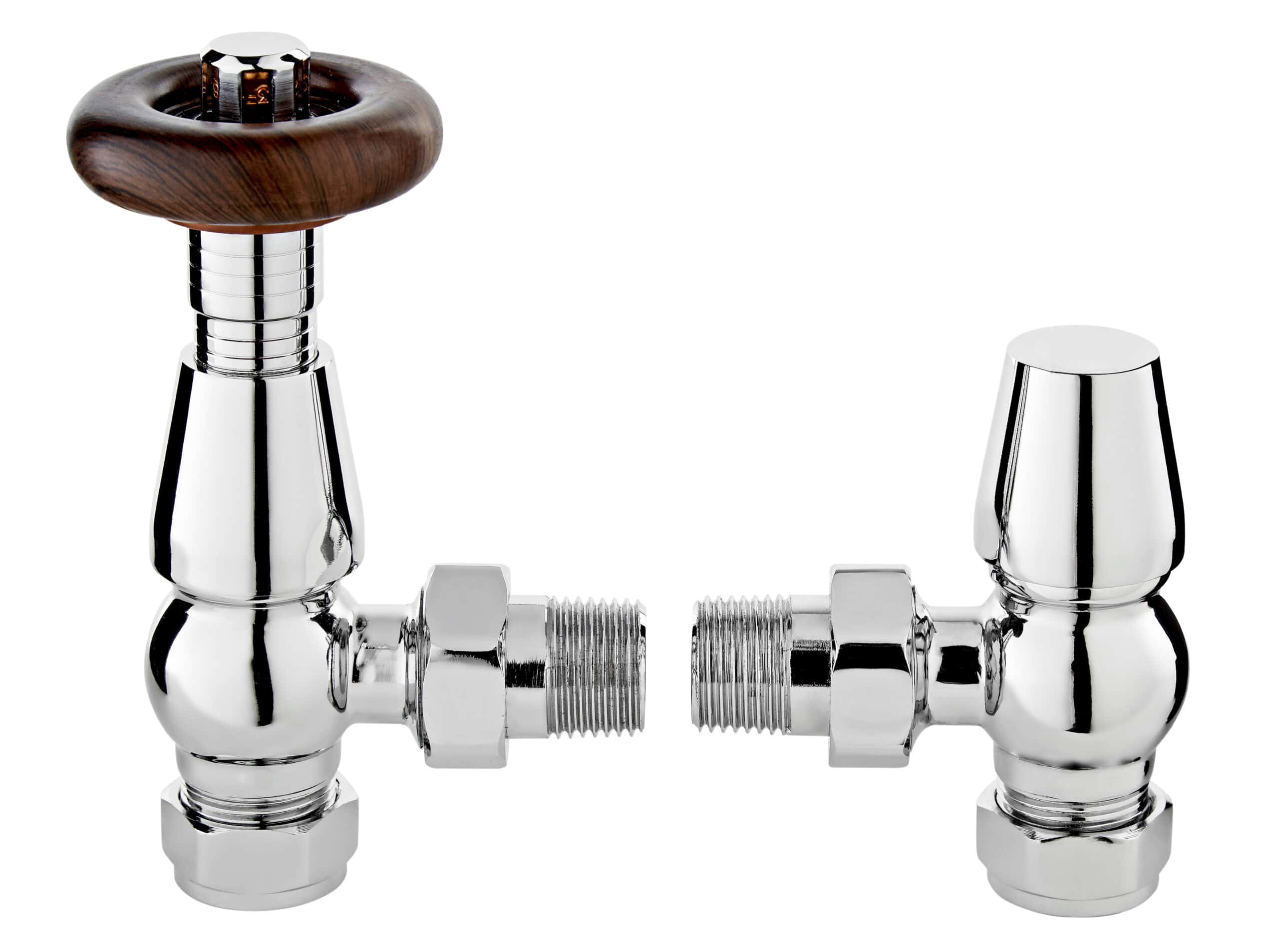 Polished chrome bathroom radiator valve with wooden handle for taps and heating control, ideal for modern bathroom bathroom decor and plumbing fixtures.