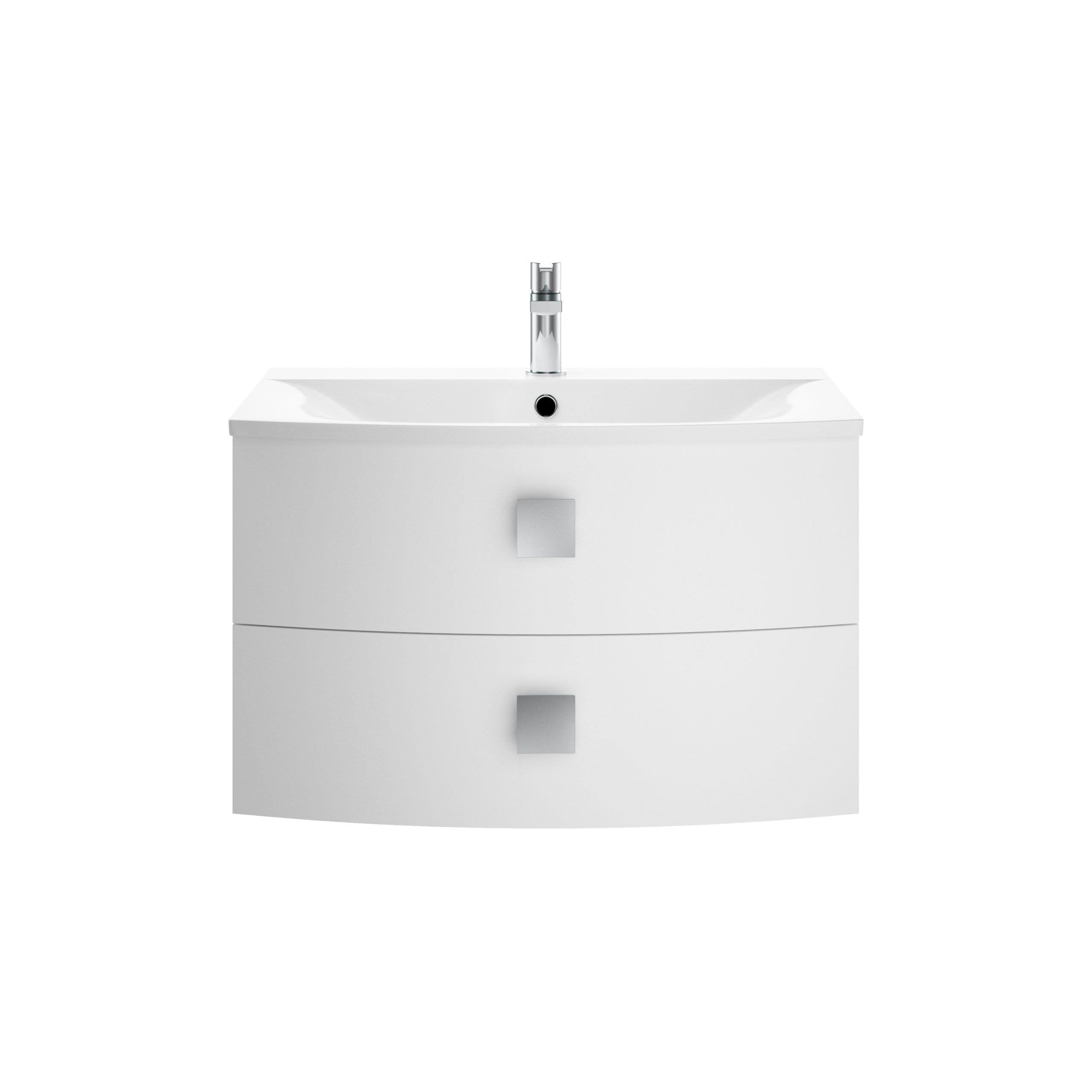 Sleek white bathroom vanity with integrated sink and chrome faucet, ideal for modern bathrooms with storage drawers for organisation.