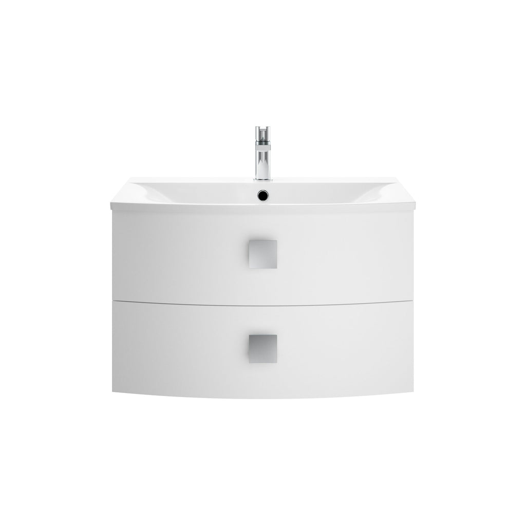 Sleek white bathroom vanity with integrated sink and chrome faucet, ideal for modern bathrooms with storage drawers for organisation.