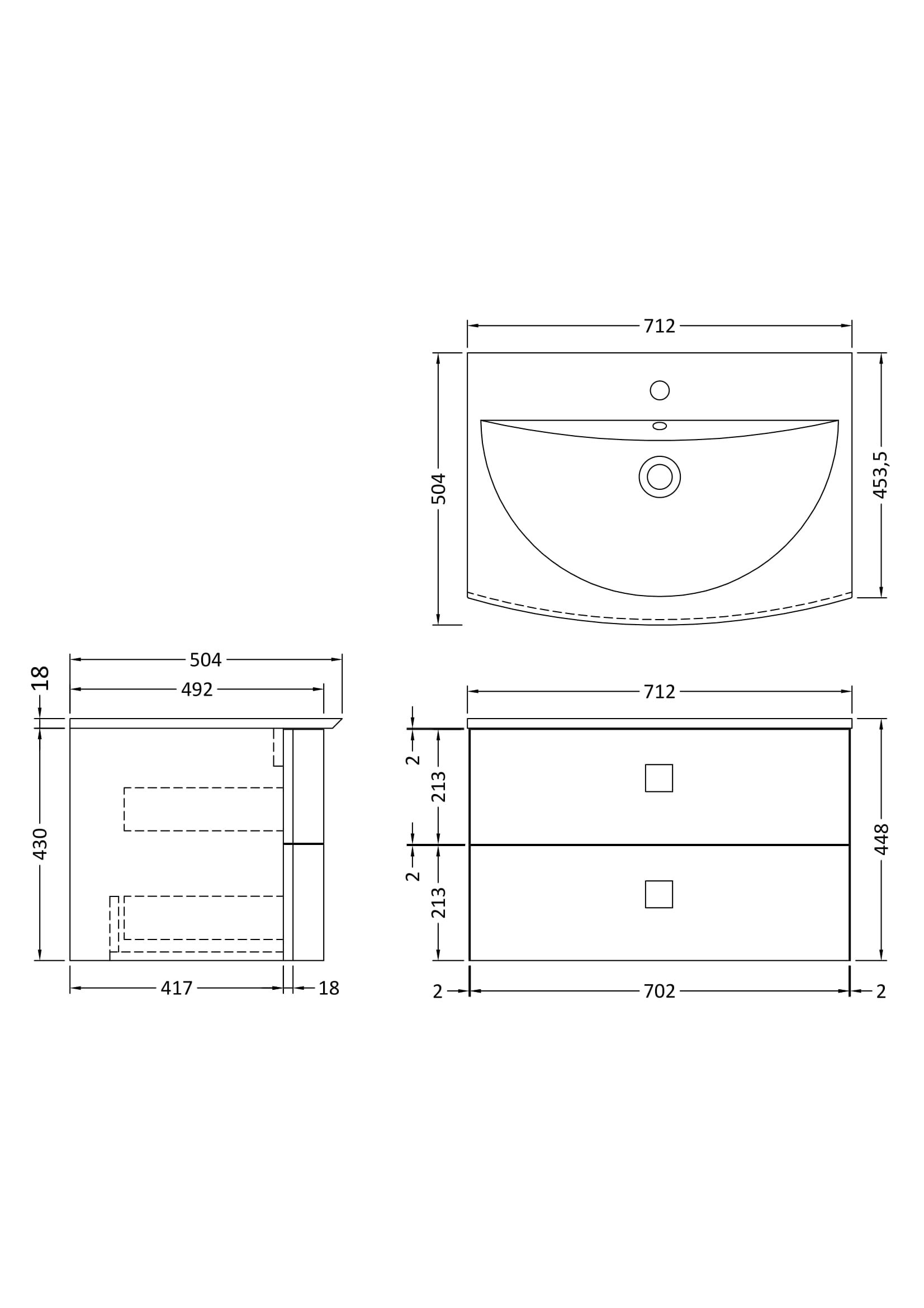 Sleek bathroom sink vanity with detailed technical drawing, measuring 712mm wide by 504mm high, featuring modern design and ample storage for elegant bathroom organisation.