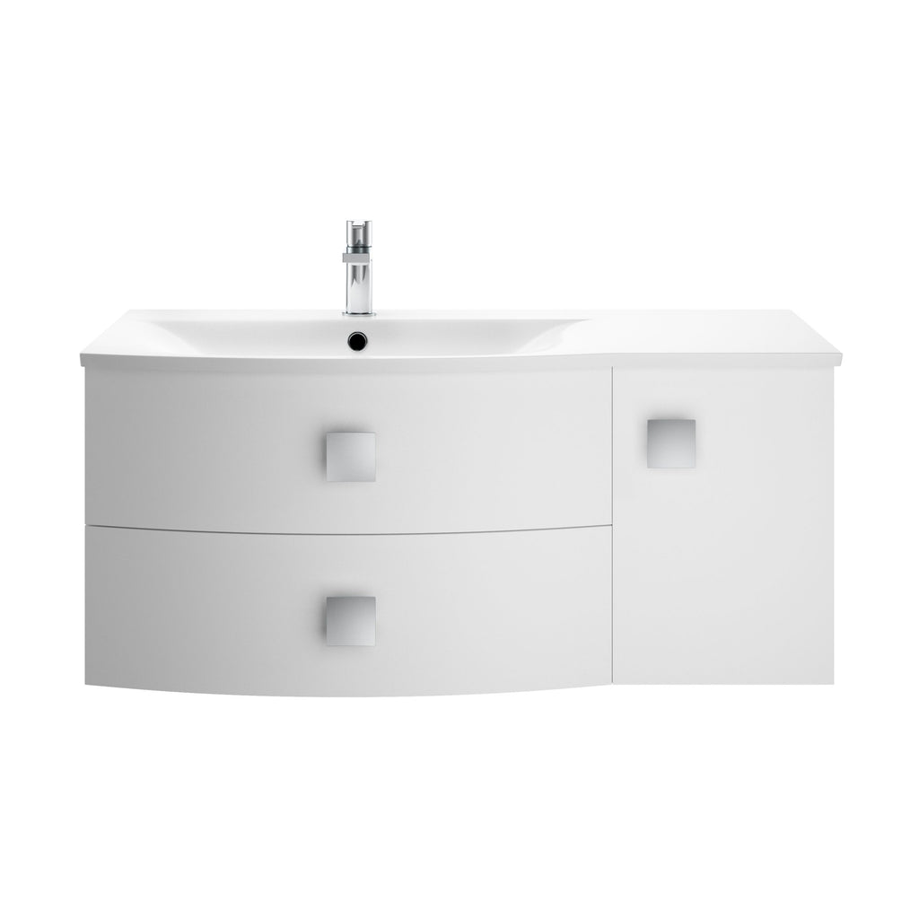 Sleek white bathroom vanity with integrated sink and chrome faucet, perfect for modern bathroom designs and storage solutions.