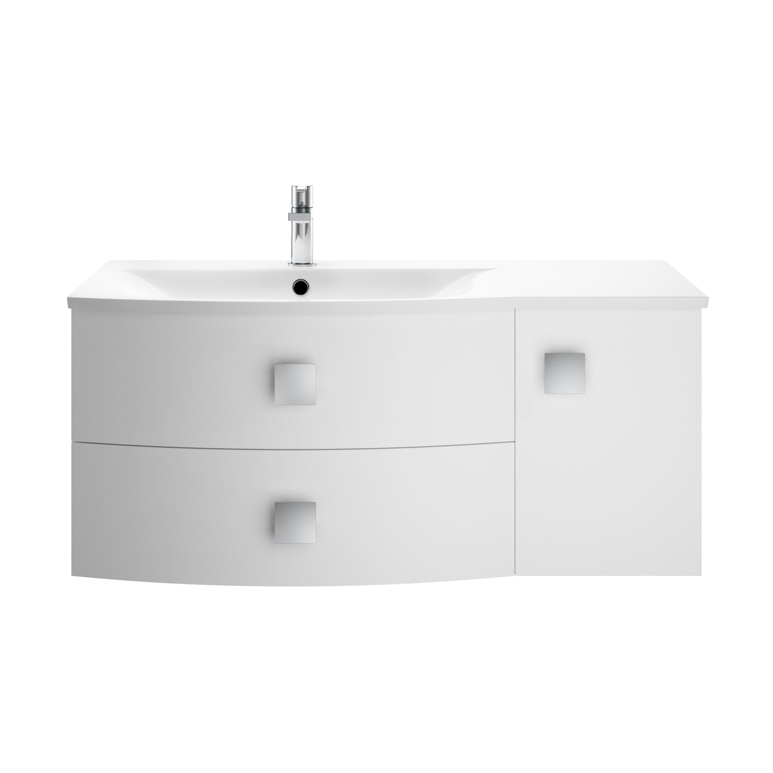 Sleek white bathroom vanity with integrated sink and chrome faucet, perfect for modern bathroom designs and storage solutions.