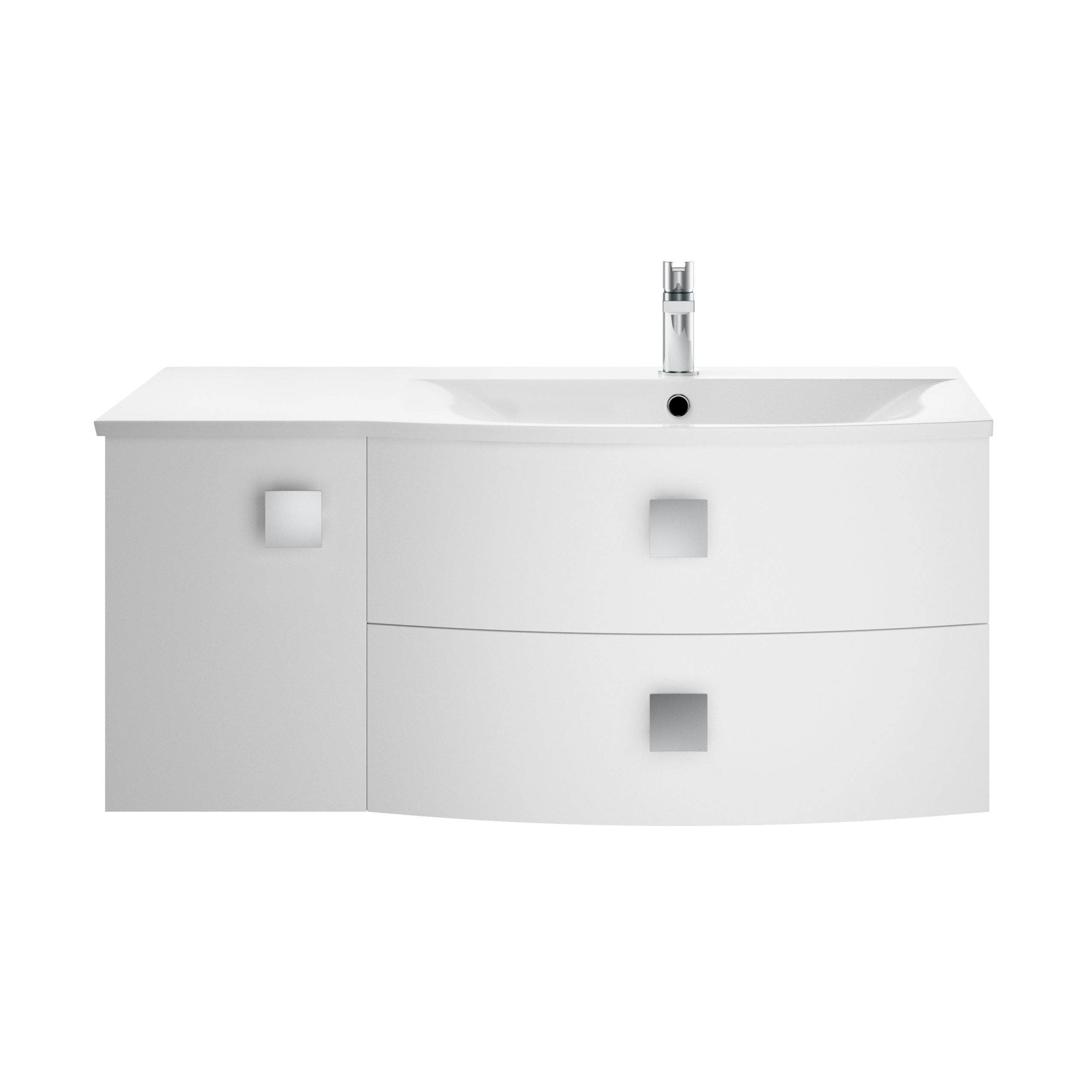 Modern white bathroom vanity with integrated sink, chrome faucet, and sleek storage drawers, ideal for contemporary bathroom bathroom renovation and design.