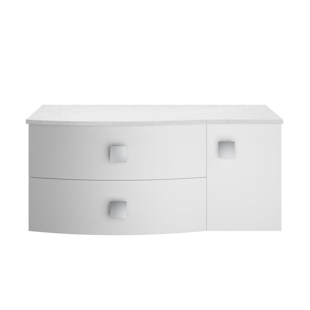 Modern white bathroom vanity unit with curved drawer and square handles, designed for contemporary bathroom storage solutions. Suitable for minimalist bathroom interiors in UK homes.