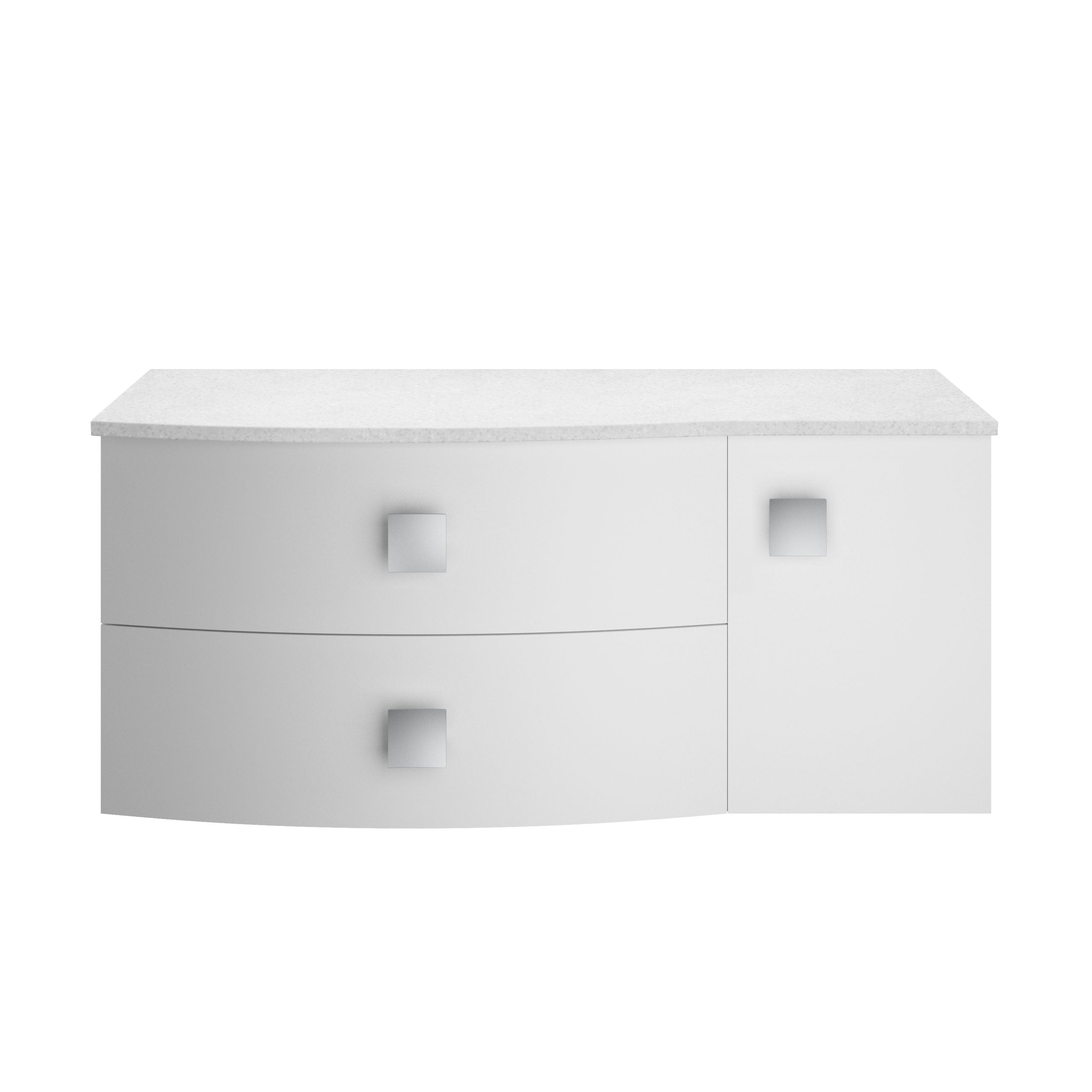 Modern white bathroom vanity unit with curved drawer and square handles, designed for contemporary bathroom storage solutions. Suitable for minimalist bathroom interiors in UK homes.