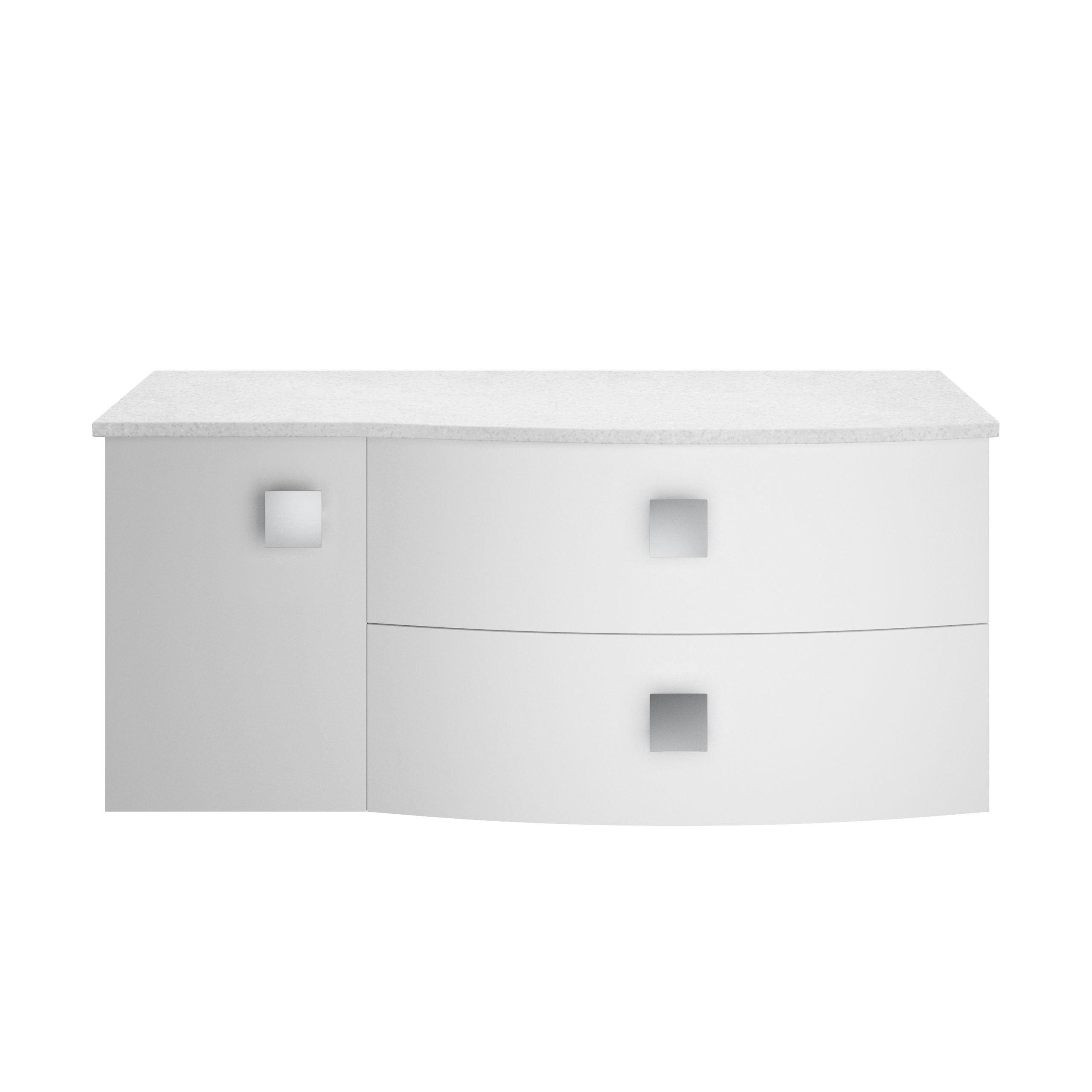 Sleek white modern bathroom vanity with minimalist design and curved drawers, perfect for contemporary bathroom interiors, offering stylish storage solutions.