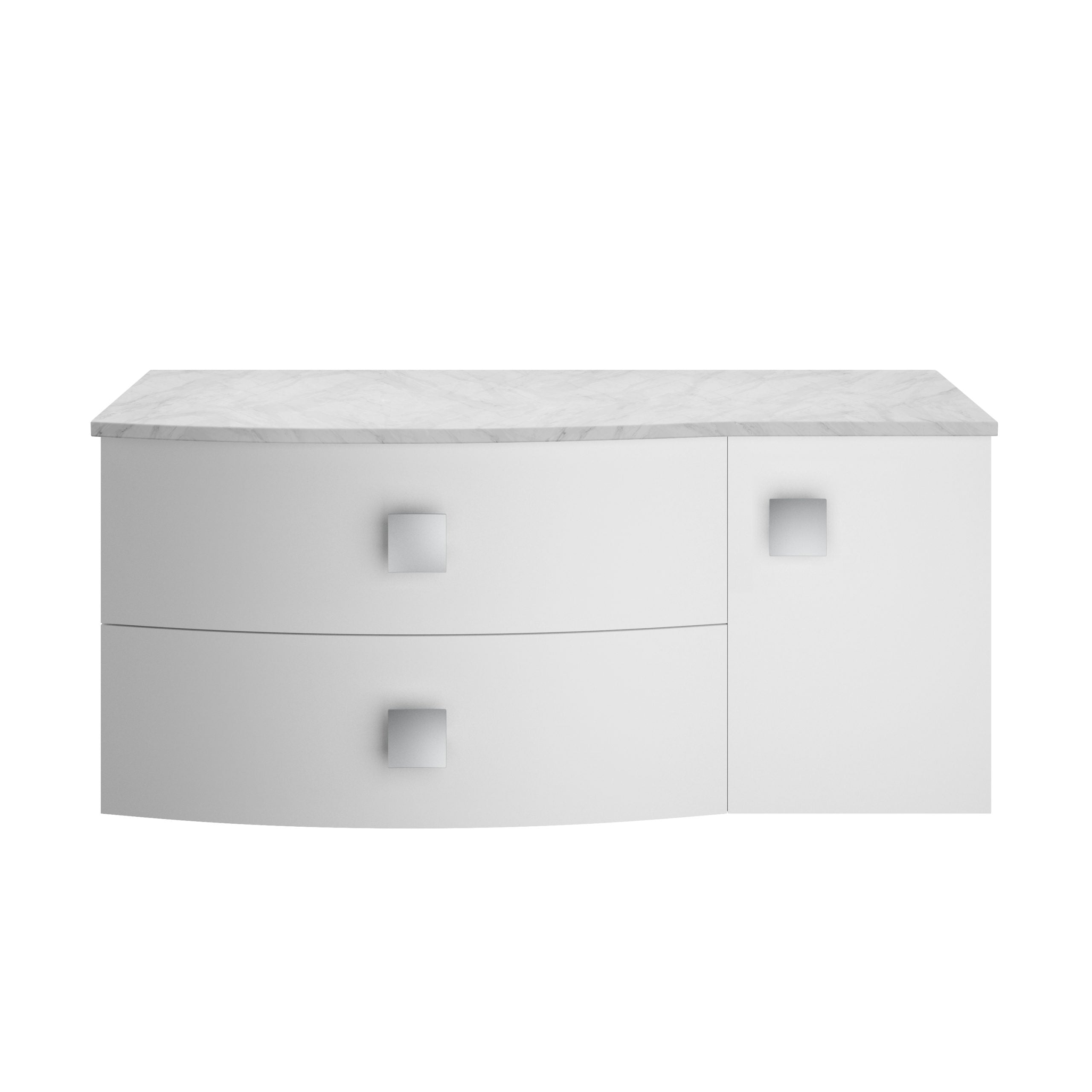 Contemporary white bathroom vanity with a marble top, sleek square handles, and curved drawers, ideal for modern bathroom storage solutions. Perfect for stylish bathroom interiors.
