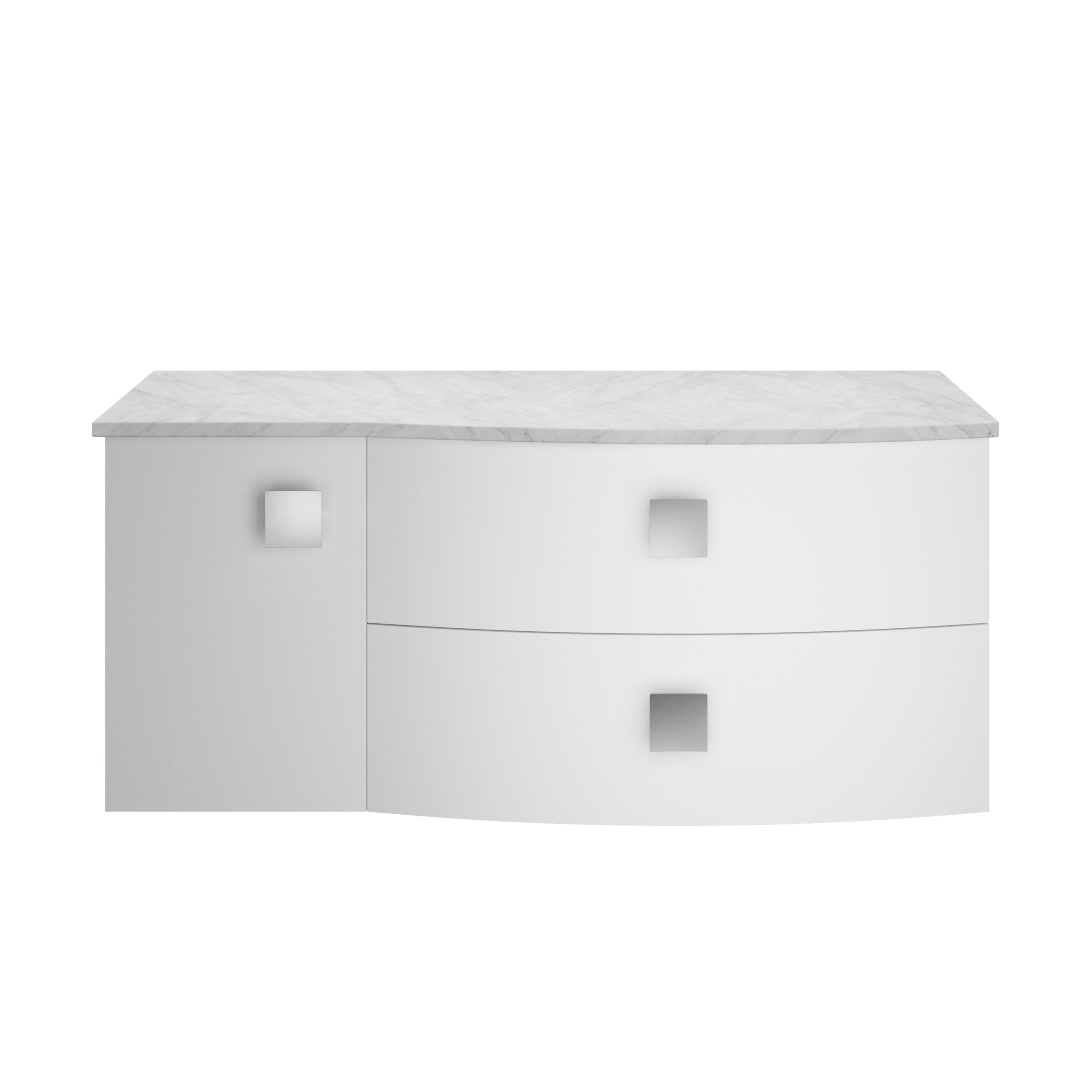 Sleek white bathroom vanity with a marble top, curved drawers, and square metallic handles, perfect for modern bathroom decor and storage solutions.