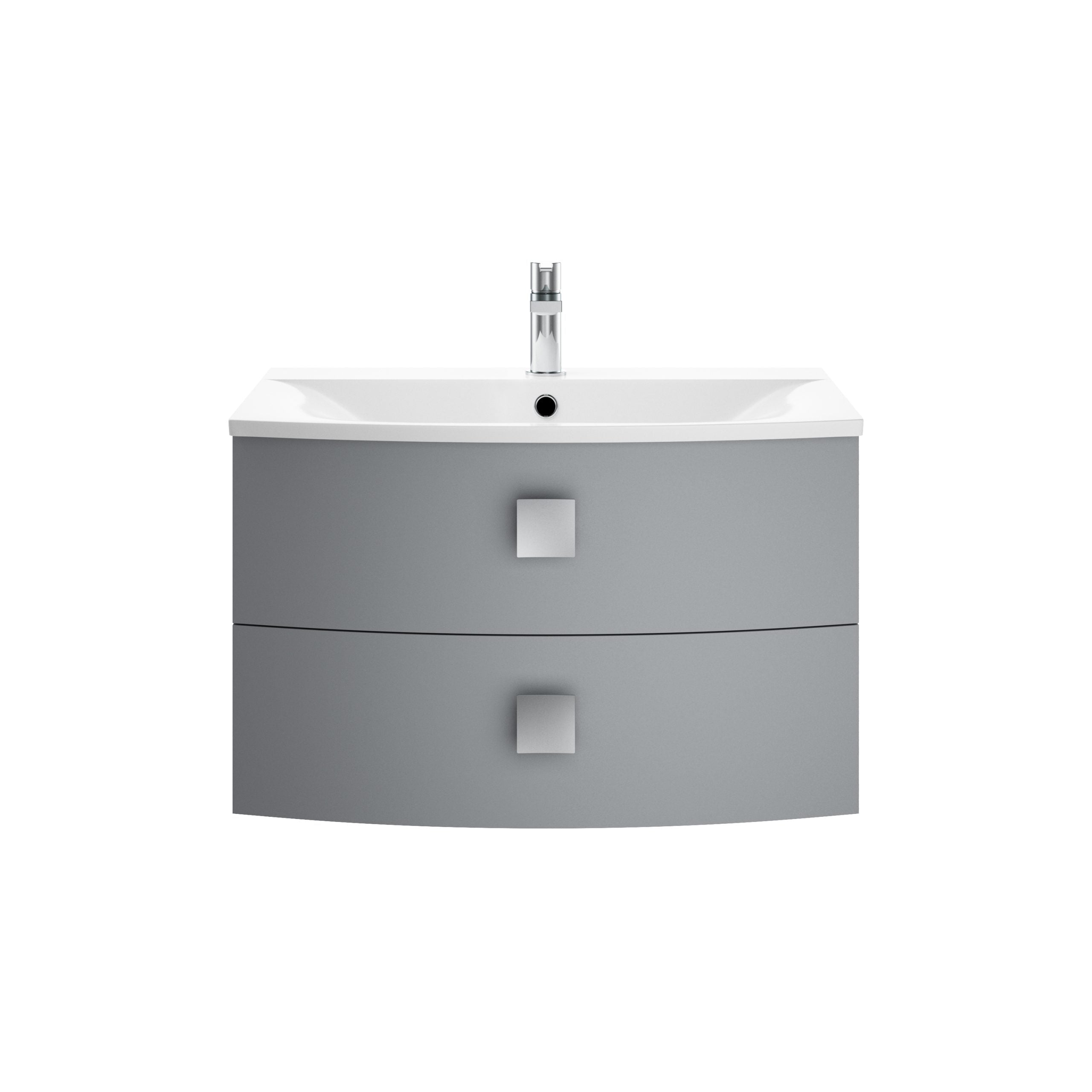 Sleek grey bathroom vanity with integrated white sink and modern chrome faucet, ideal for contemporary bathroom designs and storage solutions.