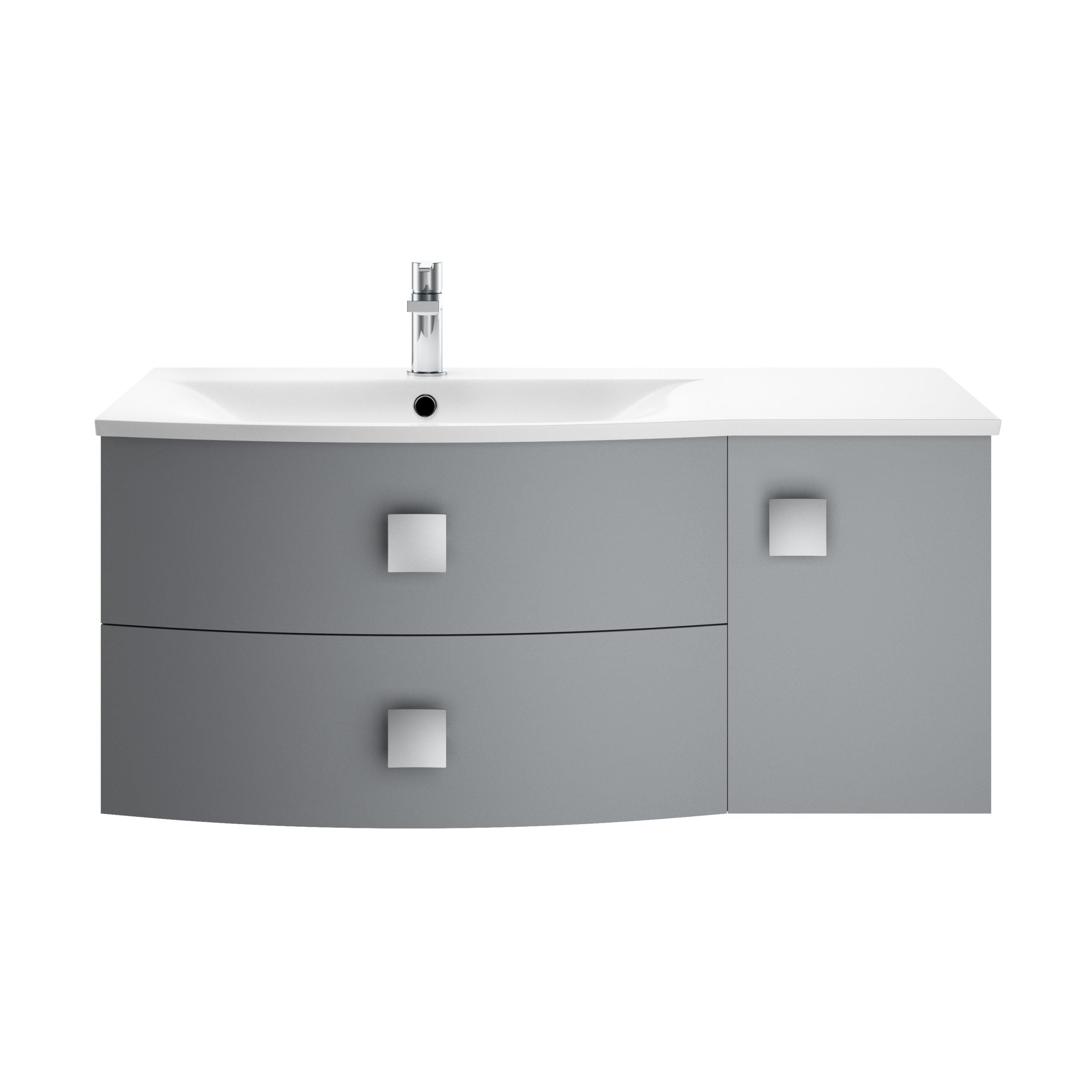 Sleek grey bathroom vanity unit with integrated sink and modern square handles, perfect for contemporary bathroom designs. Easy to clean and functional for everyday use.