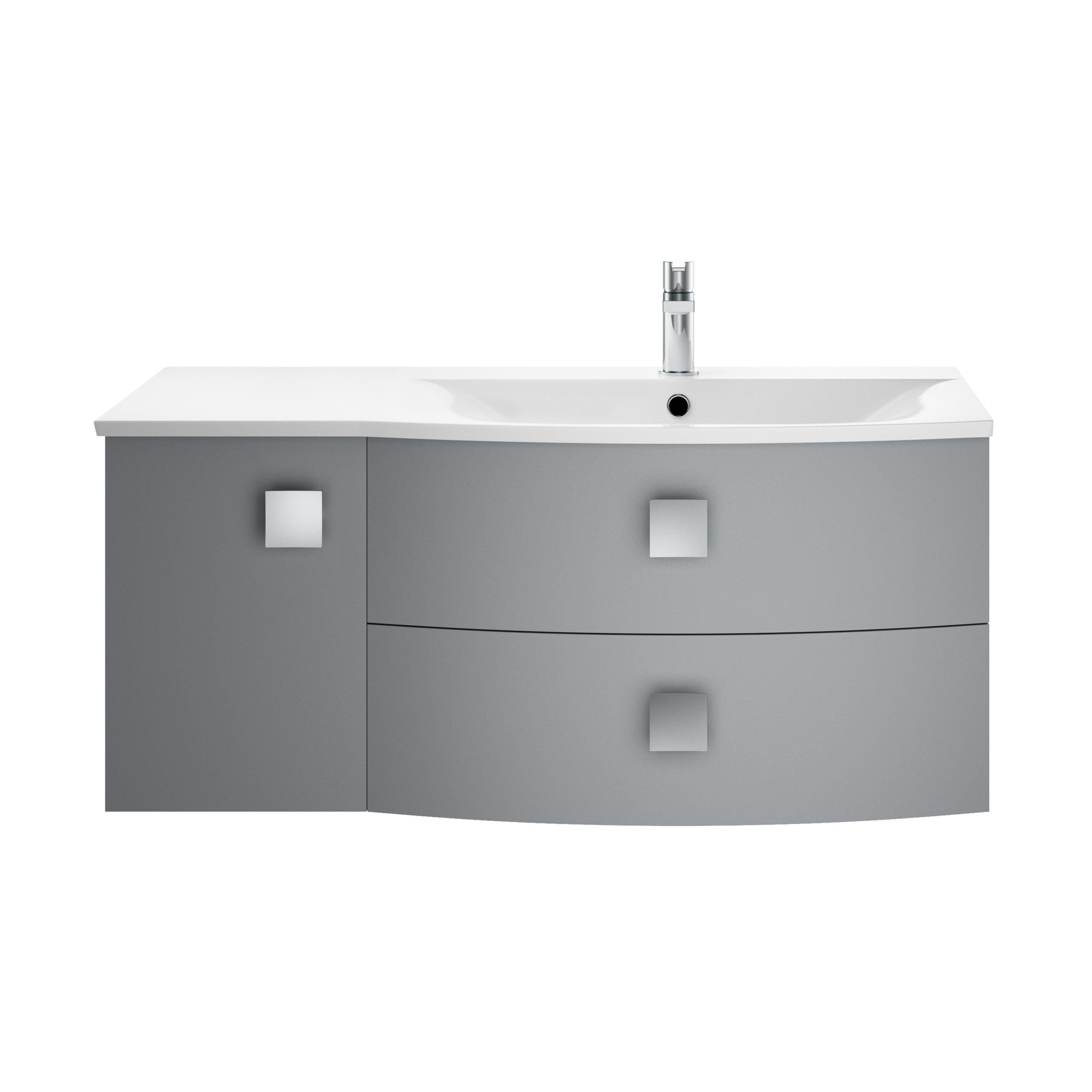 Modern grey bathroom vanity with integrated sink and chrome tap, ideal for contemporary bathroom designs. Features sleek curved drawers and cabinet for stylish storage solutions.