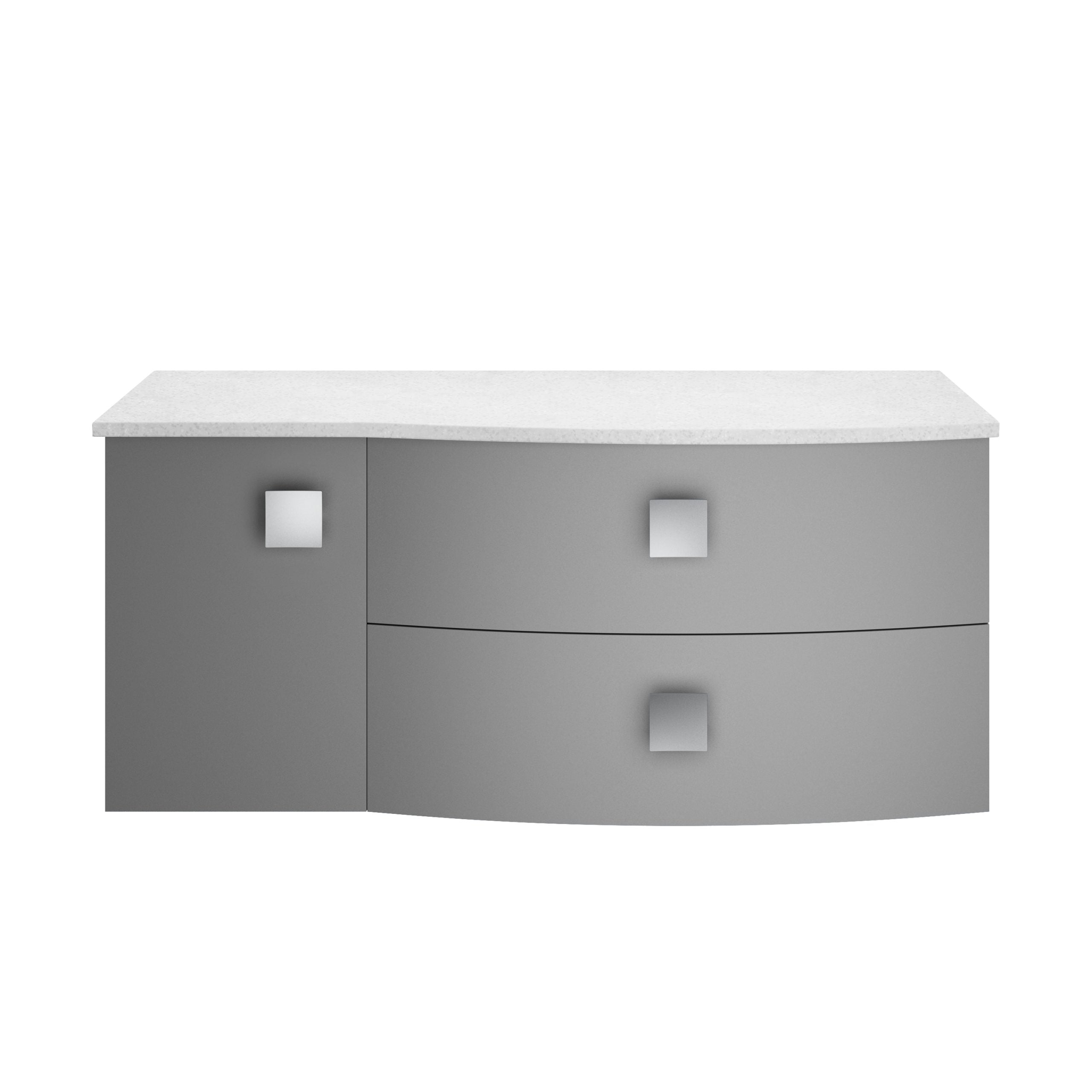 Sleek grey bathroom vanity unit with curved drawers and a white countertop, ideal for modern bathroom storage solutions.