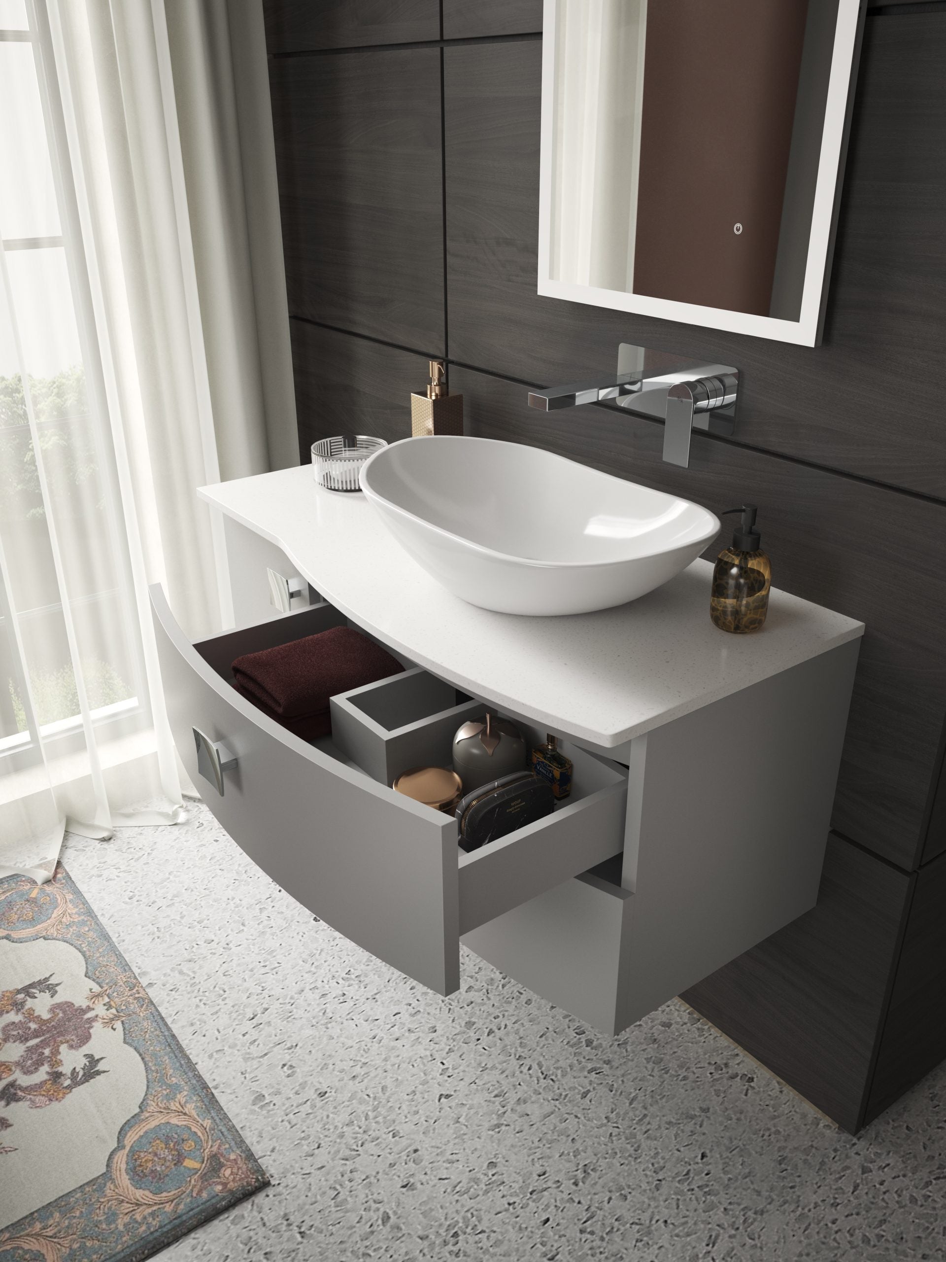 Elegant modern bathroom vanity featuring a sleek vessel sink, open and closed storage drawers, and stylish accessories, ideal for contemporary bathroom designs.
