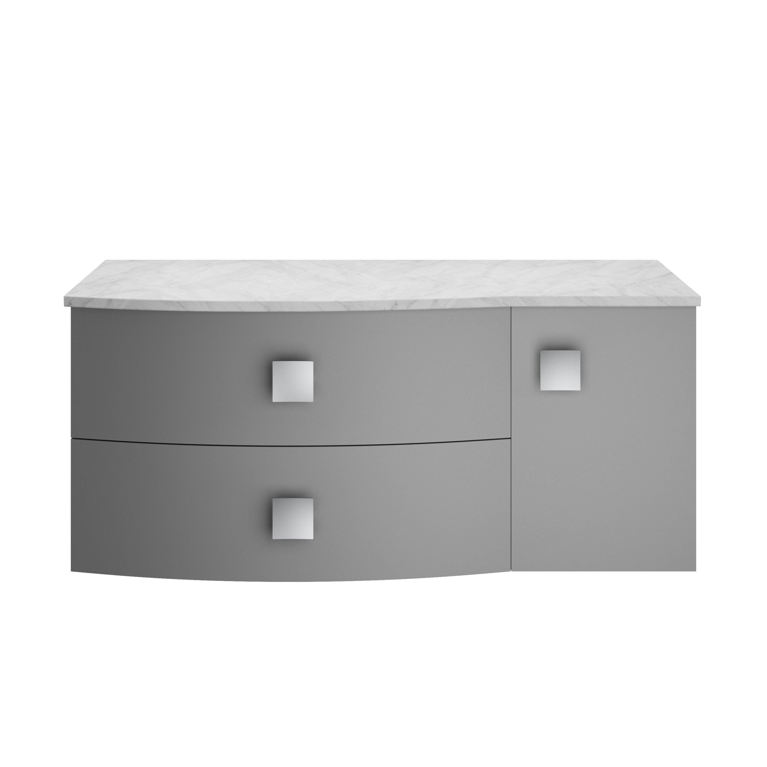 Sleek grey bathroom vanity with curved drawers and square chrome handles, topped with elegant white marble countertop, ideal for modern bathroom storage and design.