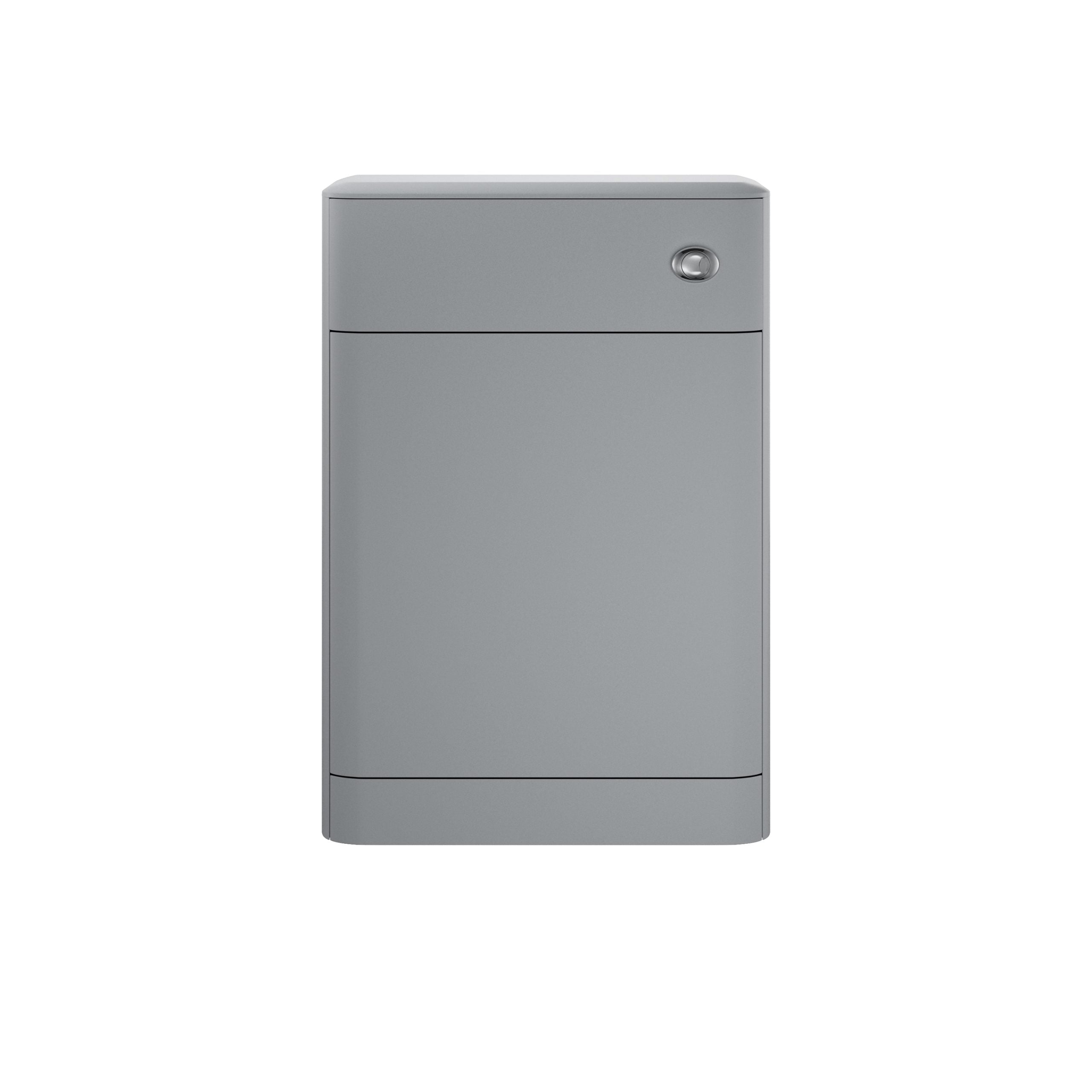 Modern grey laundry cabinet with smooth finish and sleek design, ideal for bathroom or laundry room storage solutions.