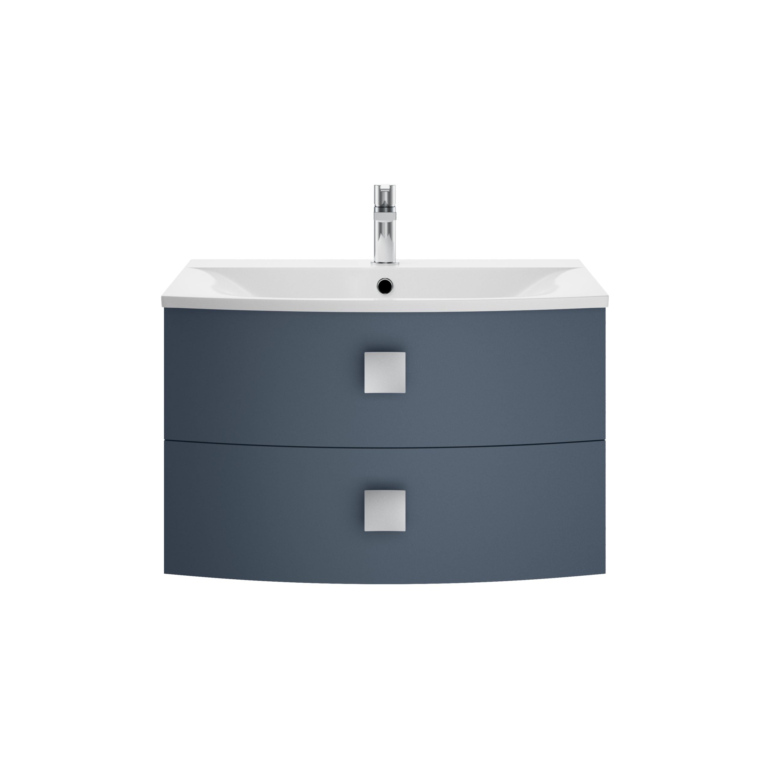 Sleek blue bathroom vanity with integrated sink and modern chrome faucet, ideal for contemporary bathroom designs and space-saving storage solutions. Perfect for stylish and functional bathroom upgrades.