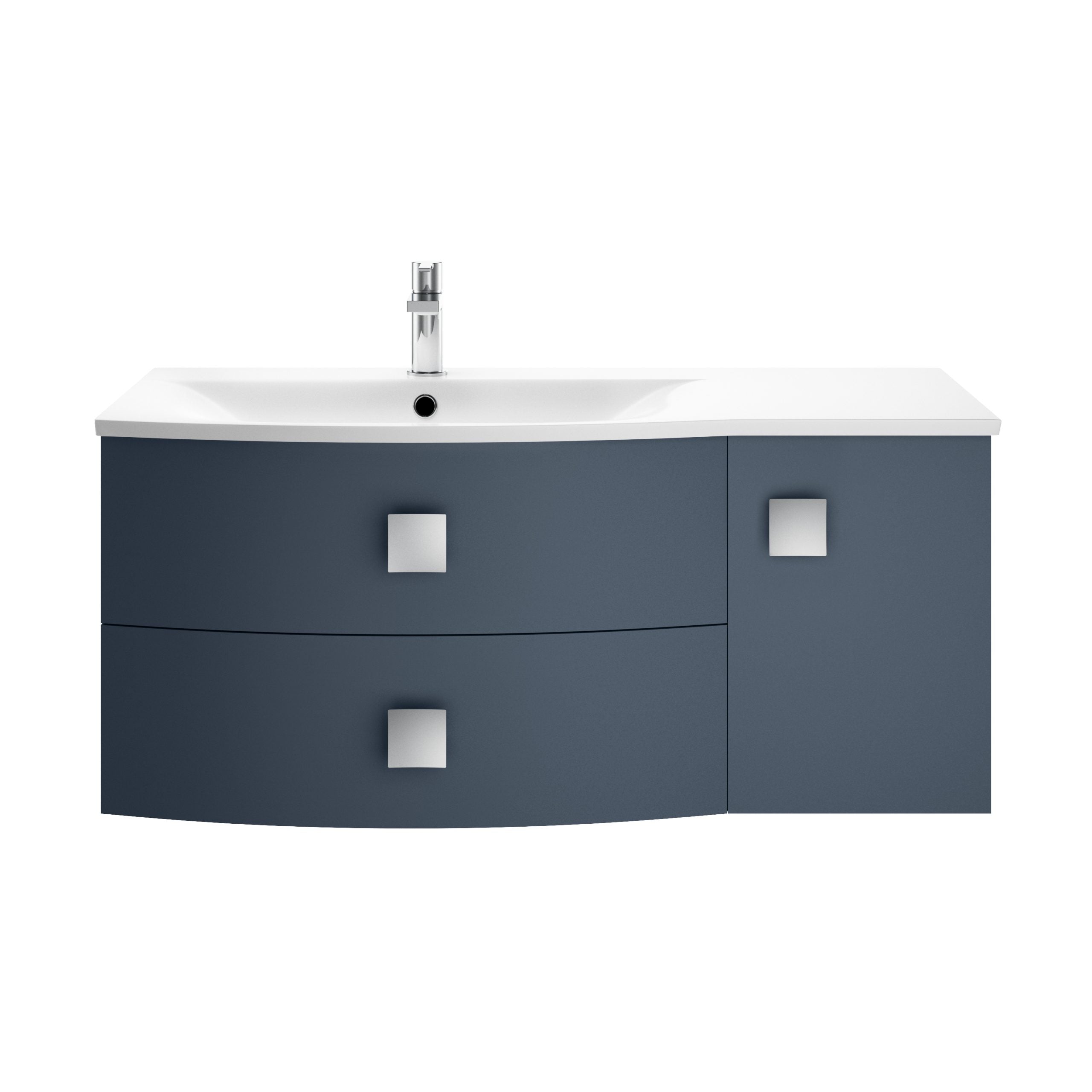 Contemporary blue bathroom vanity unit with integrated sink and modern square handles, perfect for stylish bathroom storage and design.