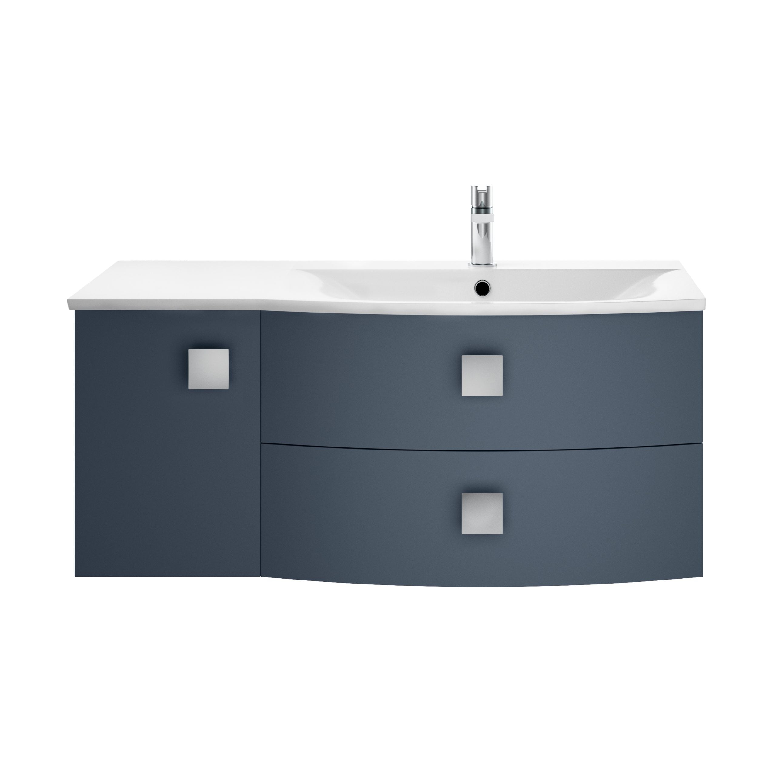 Sleek modern bathroom vanity with blue finish and integrated sink, featuring minimalist square handles and a chrome faucet, perfect for contemporary bathroom design.