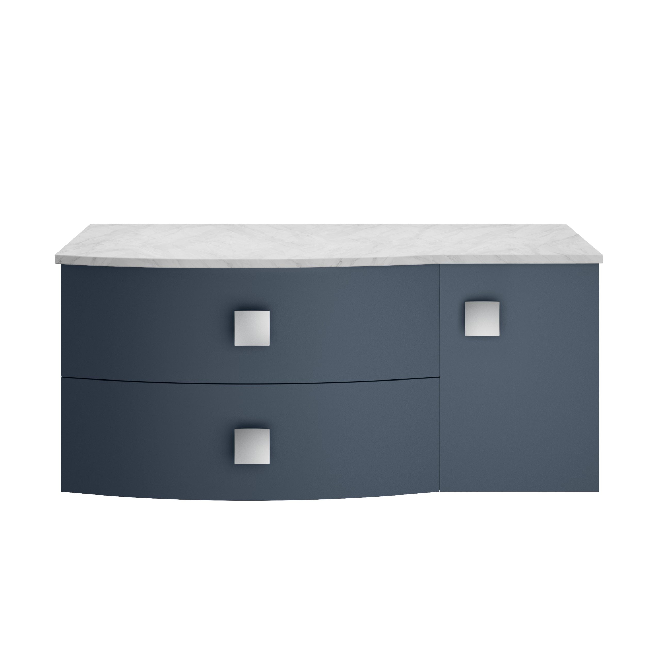 Sleek navy blue bathroom vanity with a marble top, modern square handles, and ample storage space, perfect for contemporary bathroom designs.
