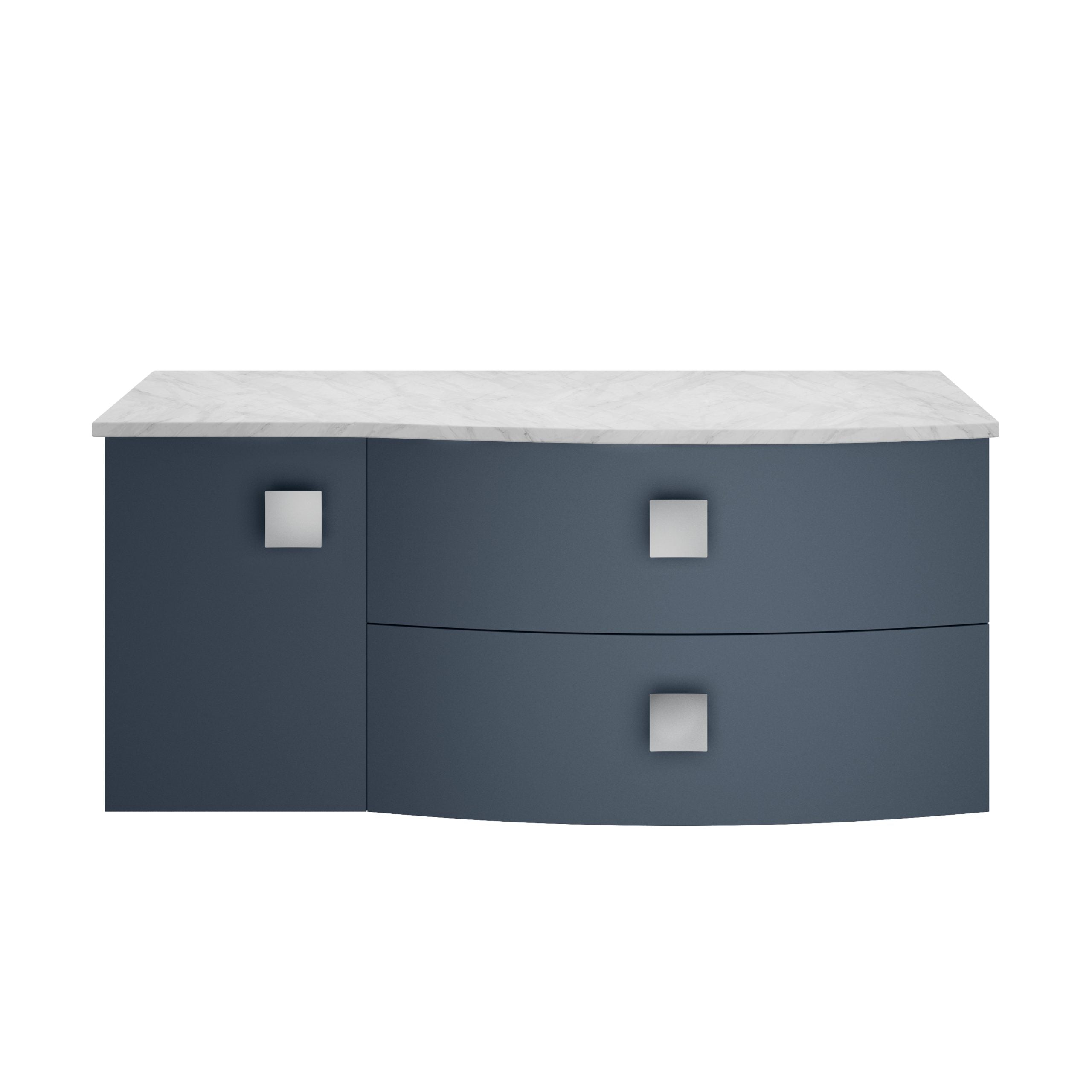 Sleek blue bathroom vanity with a curved front and white marble countertop, perfect for modern bathroom decor and storage solutions.