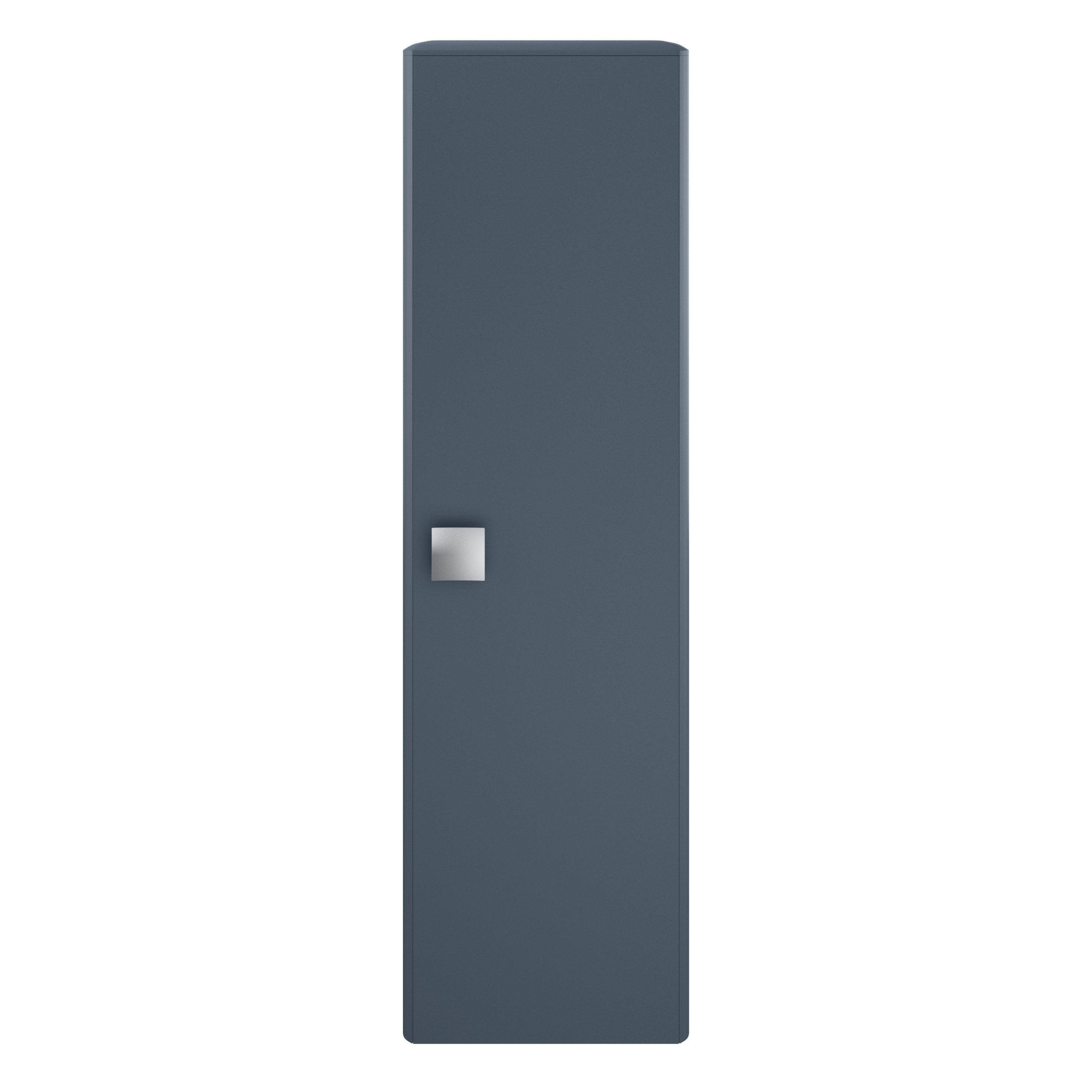 Modern blue bathroom storage cabinet with sleek design and silver handle, ideal for organising bathroom essentials and creating a stylish bathroom space.