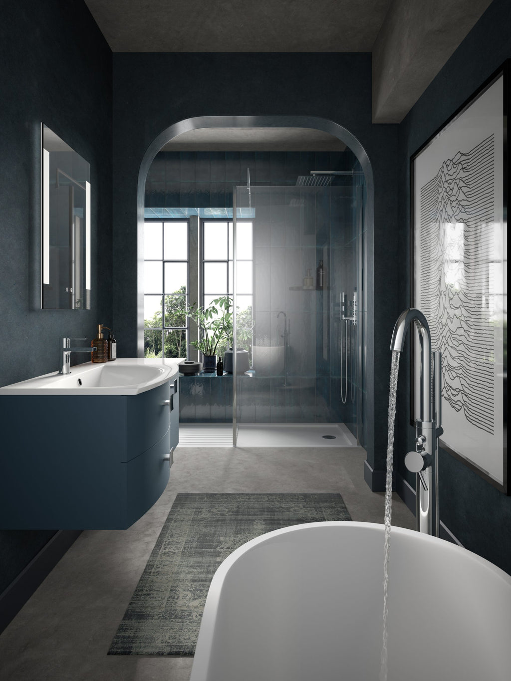 Luxurious modern bathroom with a sleek blue vanity, walk-in shower with glass enclosure, and stylish accessories in a contemporary, dark-toned space.