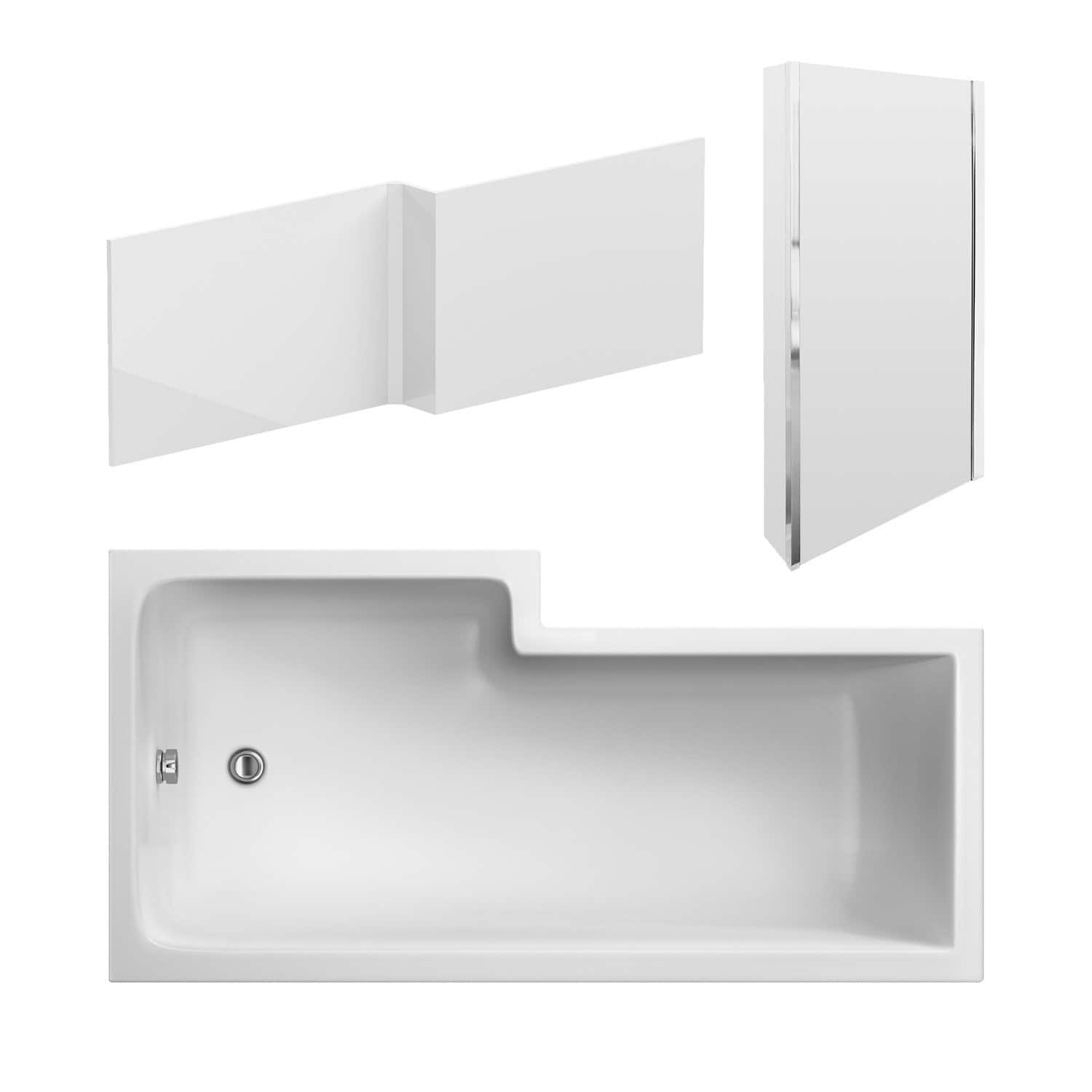 Sleek white modern bathroom bathtub, wall-mounted shower panel and glass partition, designed for contemporary bathroom renovations and stylish, functional water fixtures.