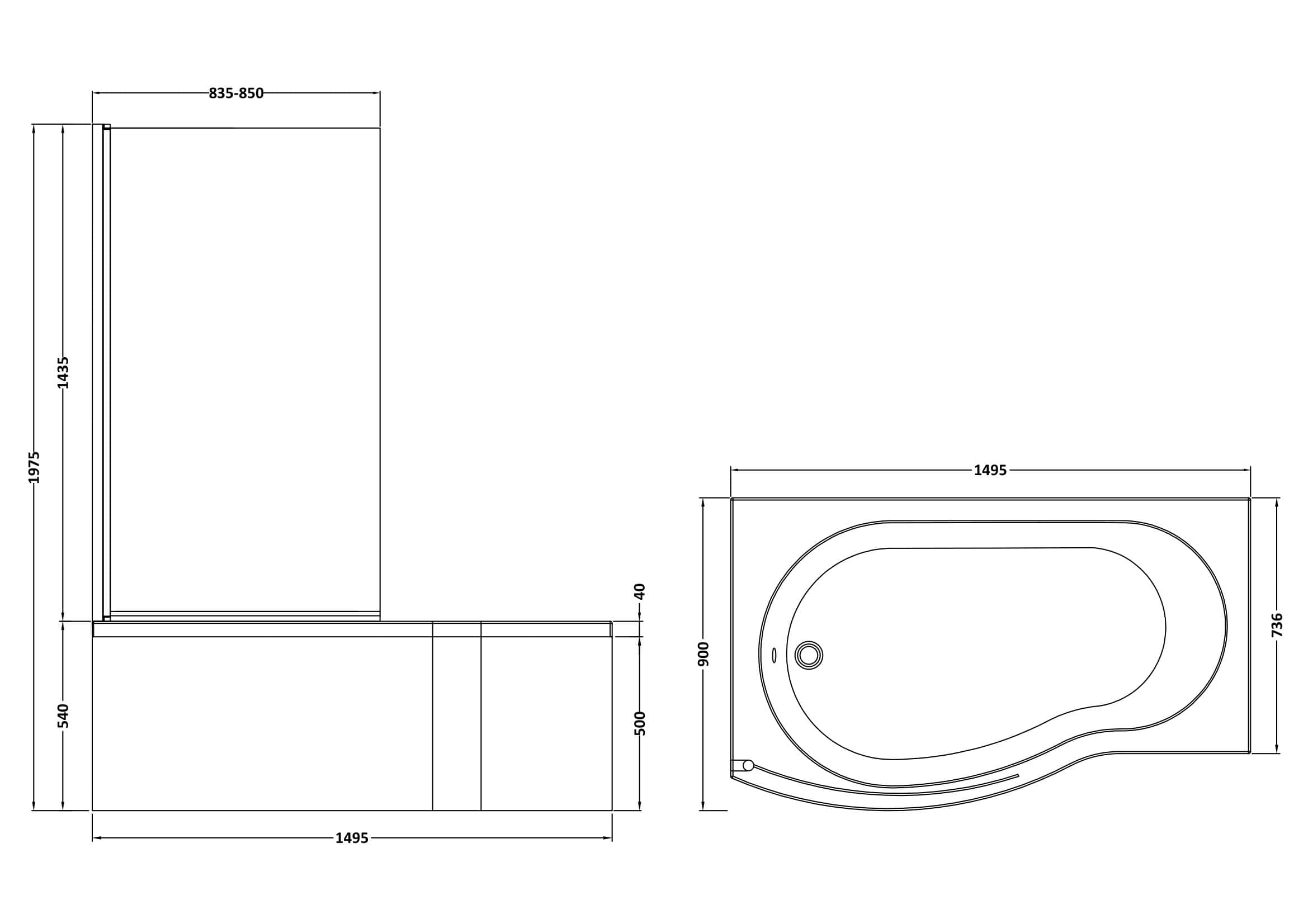 Modern corner bathtub with dimensions 1495x736mm, ideal for contemporary bathroom renovations, featuring sleek design and high-quality materials.