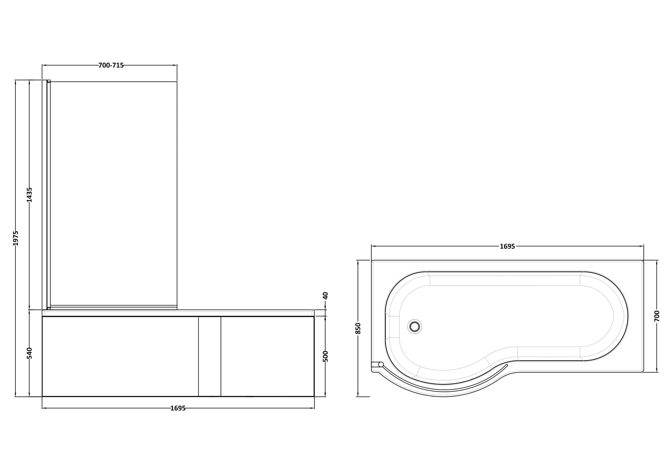 Elegant modern bathtub and shower enclosure with detailed technical design, ideal for luxurious bathrooms, showcasing space-saving and stylish bathroom fixtures.