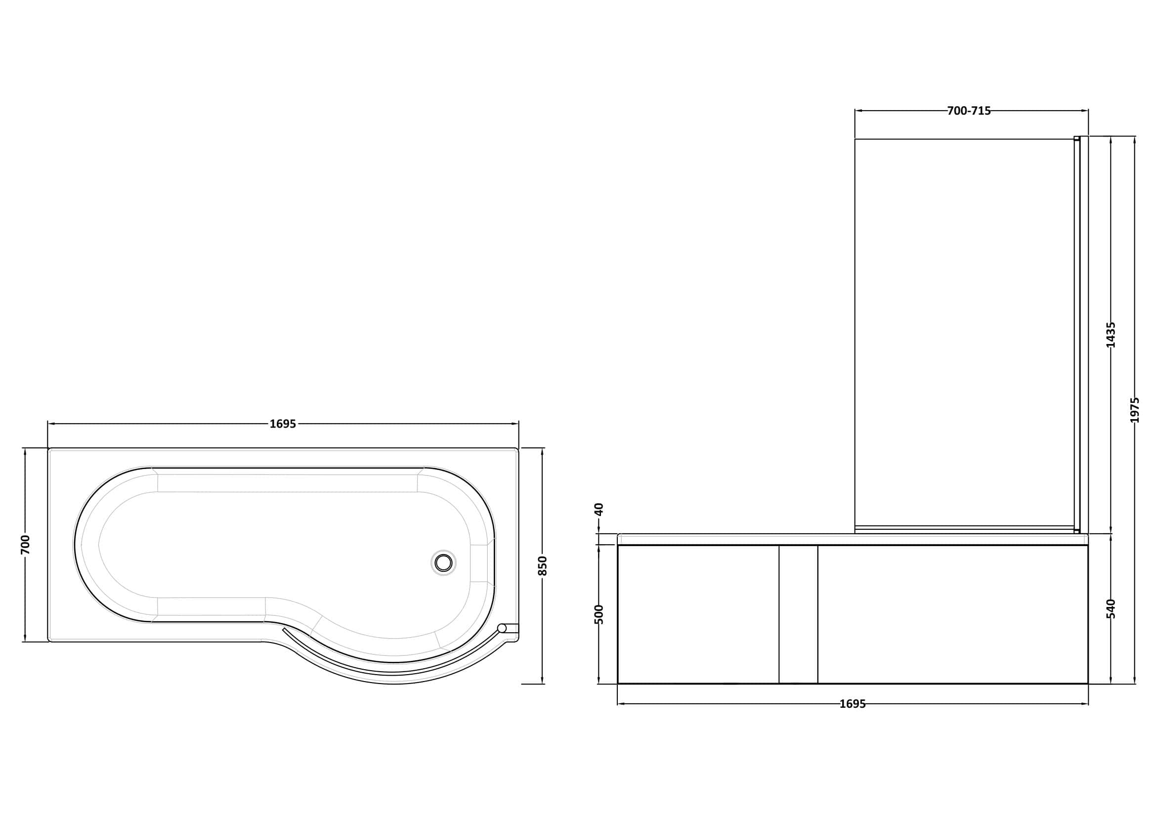 Modern corner bathtub with shower enclosure, ideal for luxury bathrooms and spa spaces. Designed for comfort and style, featuring precise dimensions for seamless installation in Bubly Bathrooms.