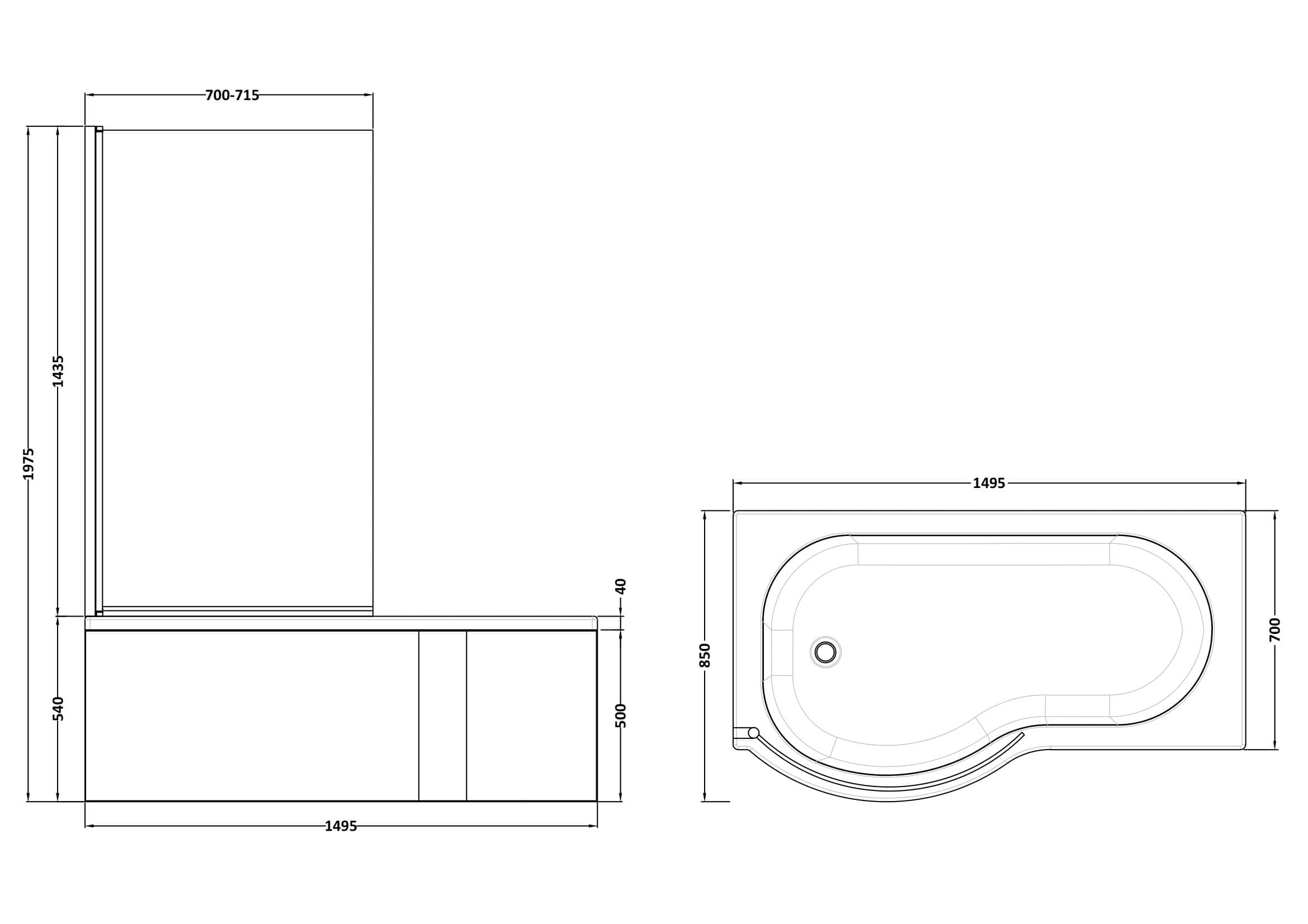 Elegant corner bathtub with modern design, ideal for compact bathrooms, featuring dimensions 1495mm x 700mm, providing a luxurious soaking experience.