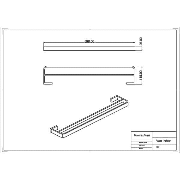 Brass bathroom paper holder design technical drawing from Bubly Bathrooms for modern and functional bathroom accessories.