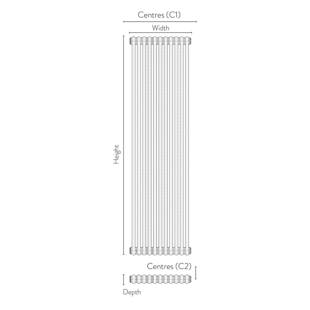 Radiator illustration with measurements for bathroom heating, showing central spacing, width, height, and depth in a bathroom setting. Ideal for bathroom radiator installation and design.