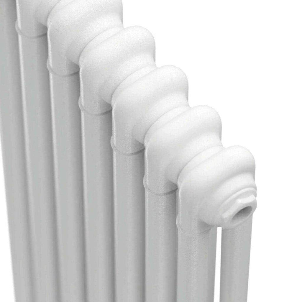 Radiator valve and white heating panel for bathroom heating and hot water systems.