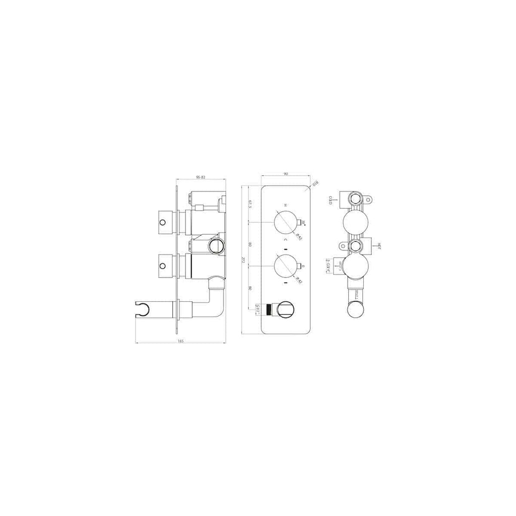 High-resolution technical drawing of a modern bathroom thermostatic shower valve for Bubly Bathrooms with detailed measurements and design specifications.