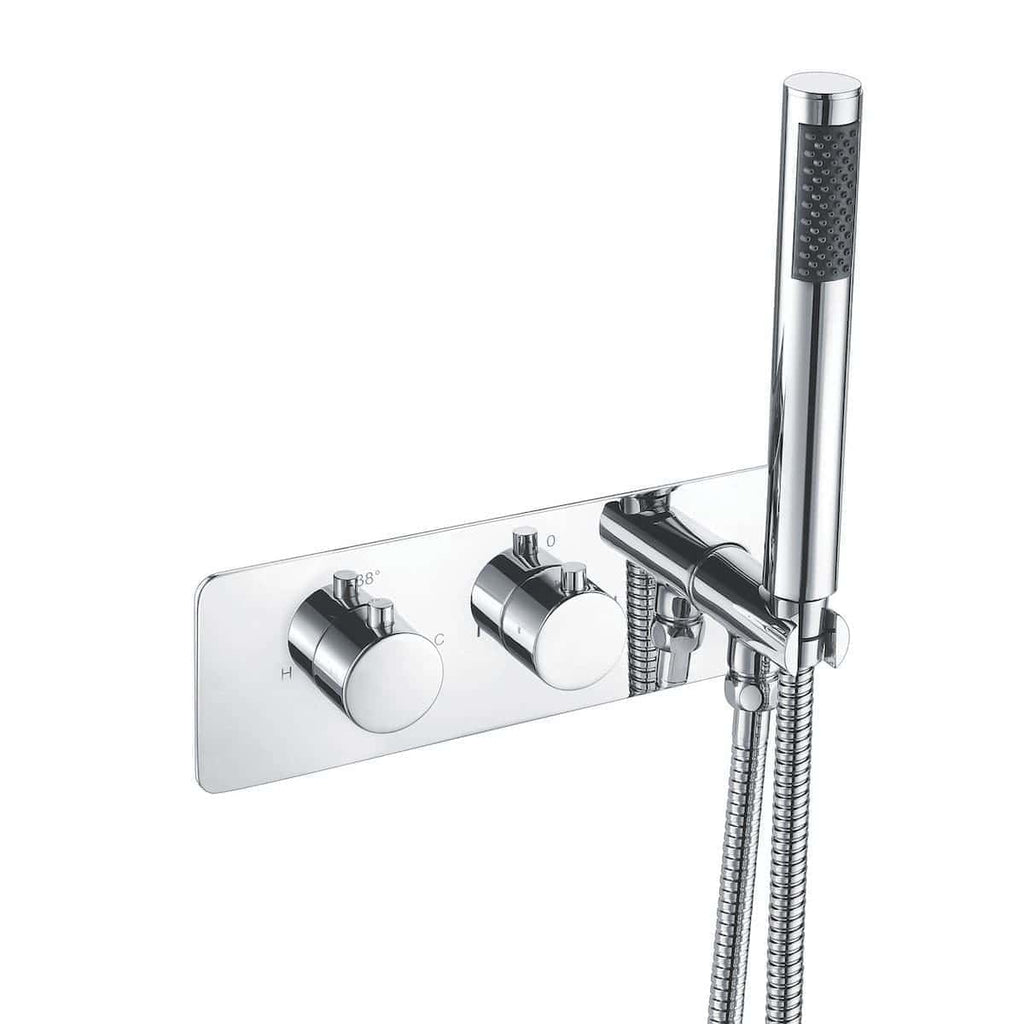Sleek chrome vertical shower mixer tap with adjustable temperature controls, durable handheld shower head, and modern design ideal for contemporary bathroom layouts.