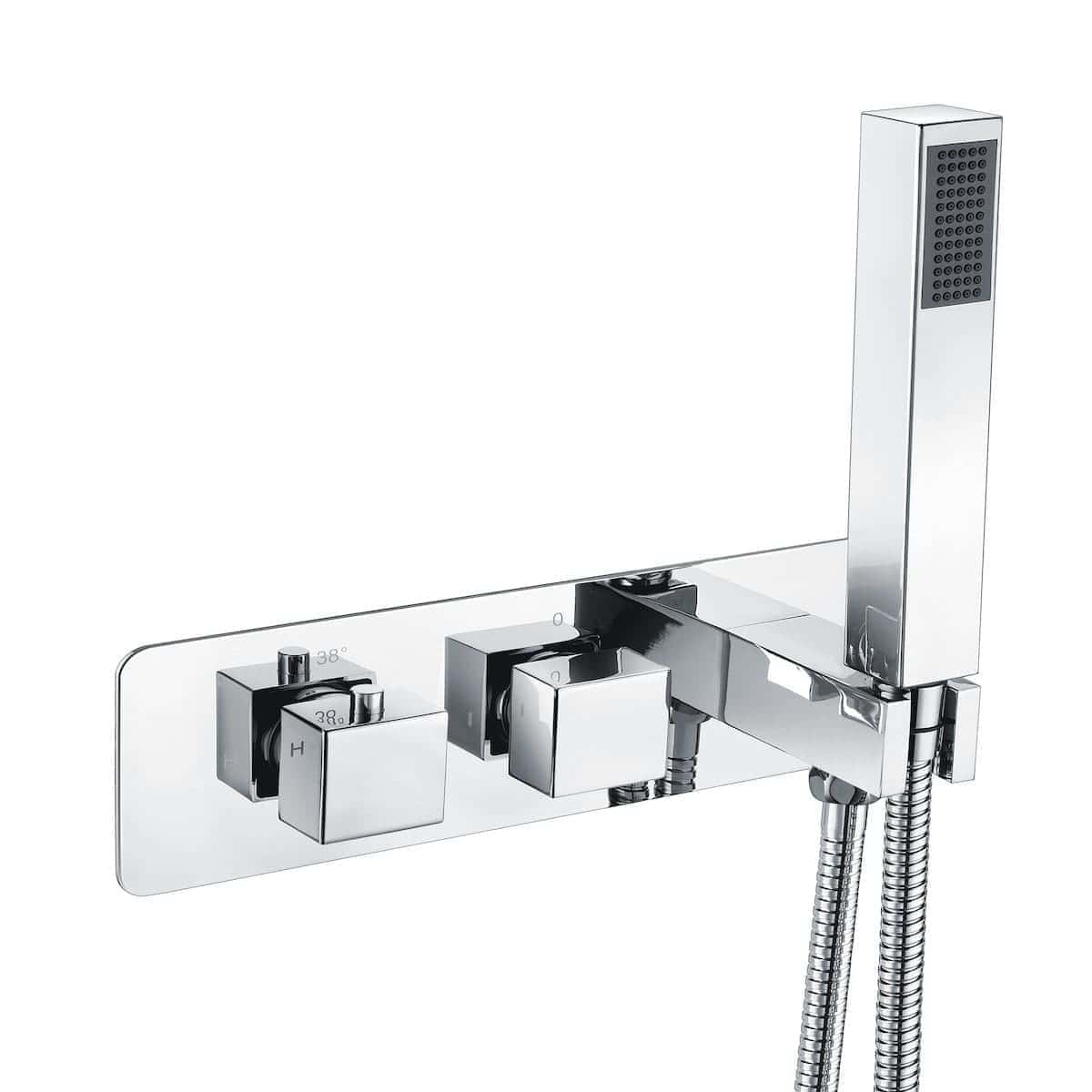 Luxurious chrome bathroom shower mixer with square control knobs and handheld shower head, perfect for modern bathroom upgrades.