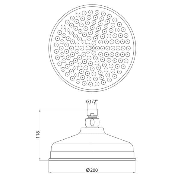 Genuine product image of Bubly Bathrooms shower head with detailed technical drawing, 200mm diameter, G1/2 fitting, and 118mm height, ideal for modern bathroom upgrades.