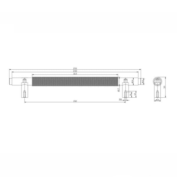 A detailed technical drawing of a bathroom radiator with precise measurements and installation specifications.