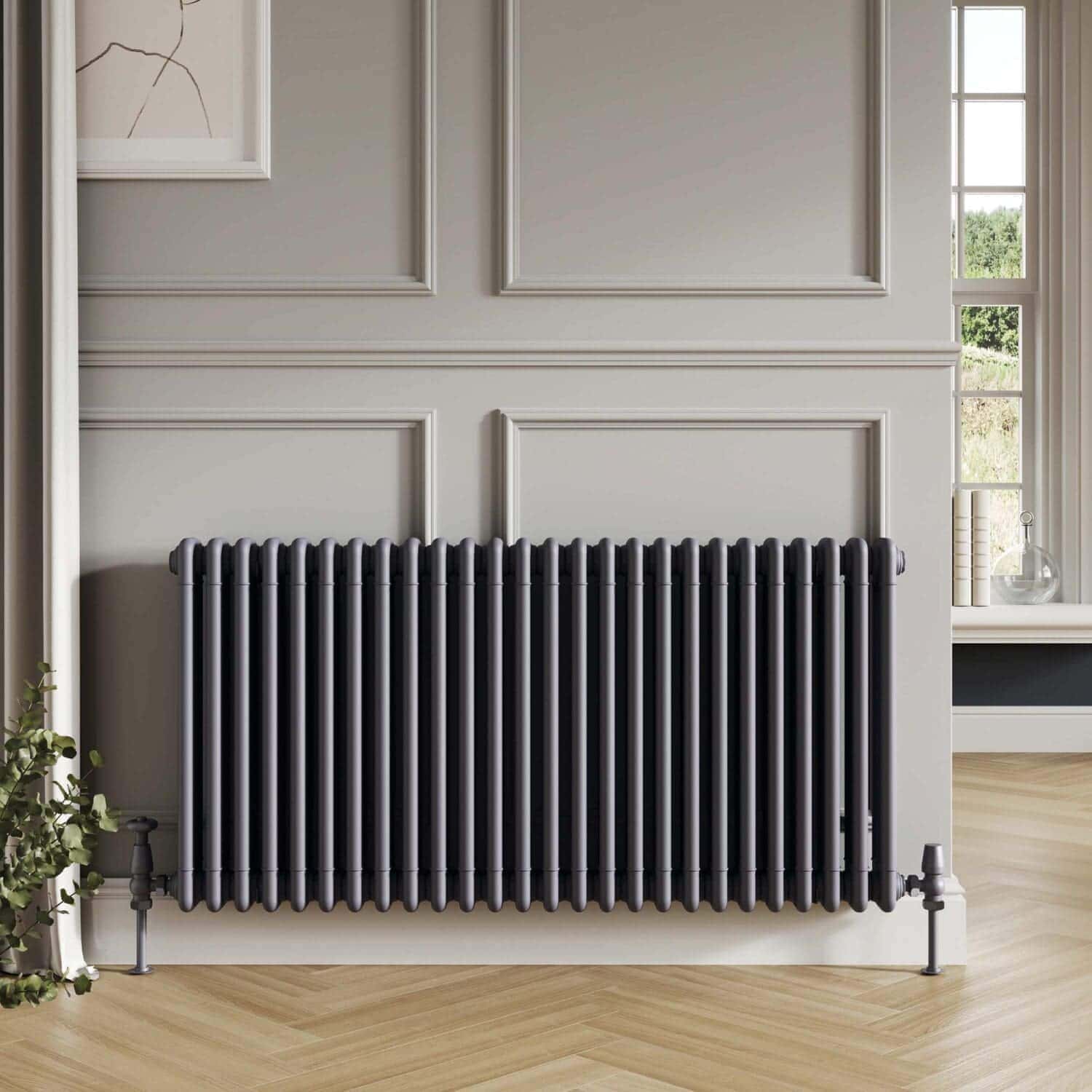 Radiator heating system in a modern bathroom with elegant wall paneling and a cosy atmosphere, perfect for contemporary bathroom radiators and heating solutions.