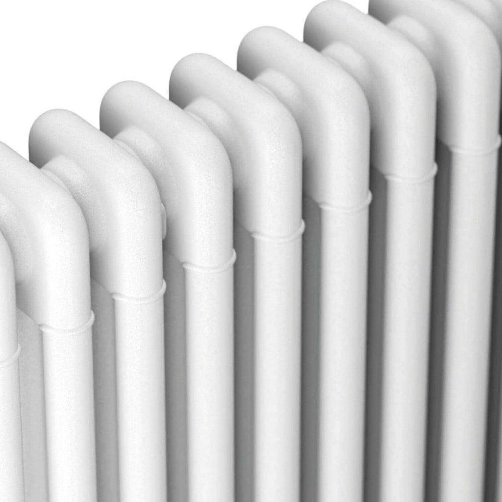 Shiny white radiator with a modern, sleek design, ideal for bathroom heating solutions, featuring multiple curved panels for efficient warmth distribution.