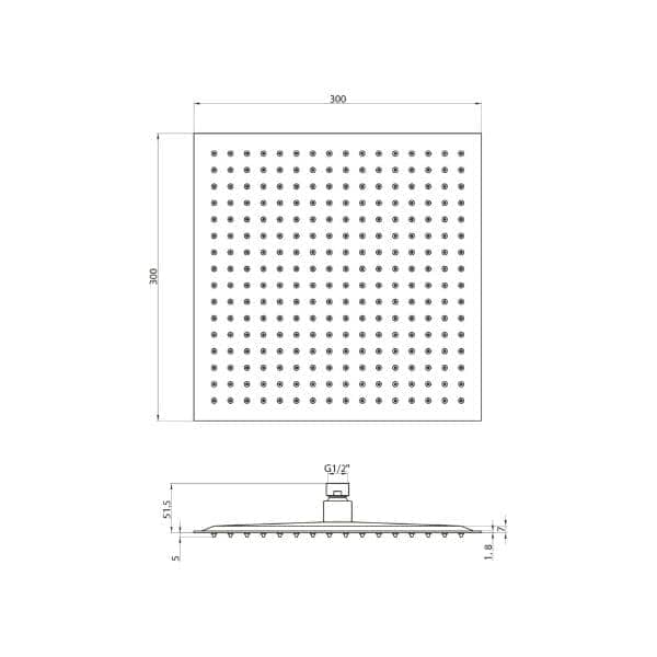 Polished black square walk-in shower head with multiple nozzle holes for even water distribution, featuring a G1/2 connection and a sleek, modern design.