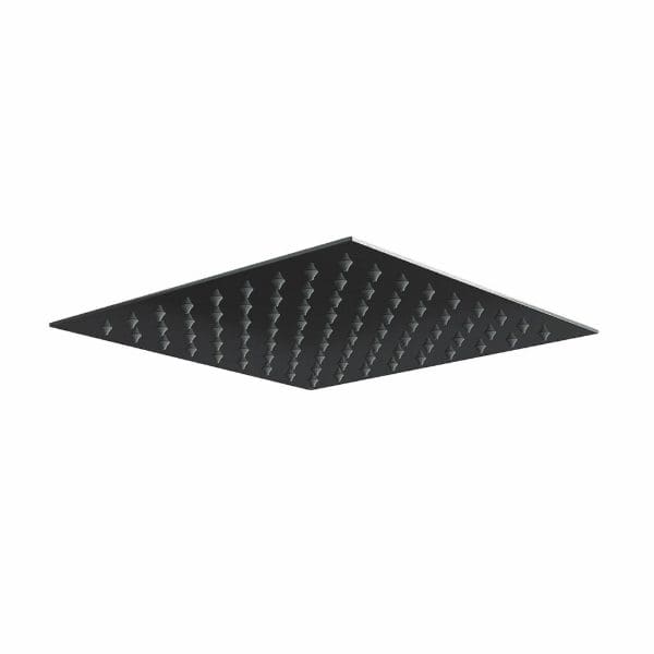 Black square shower head with a textured surface, modern bathroom fixture for a sleek and contemporary shower experience.