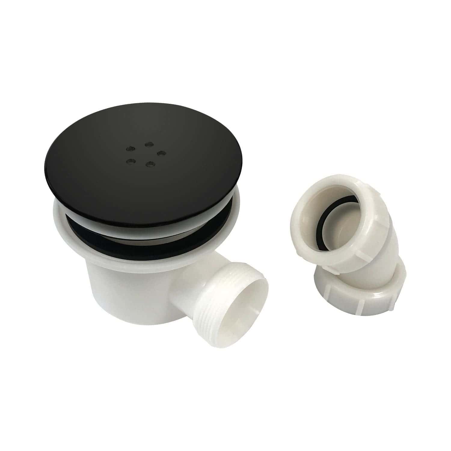 Flexible push-fit bathroom waste trap with black and white components, designed for easy installation and reliable sealing for sinks and bathroom fixtures.