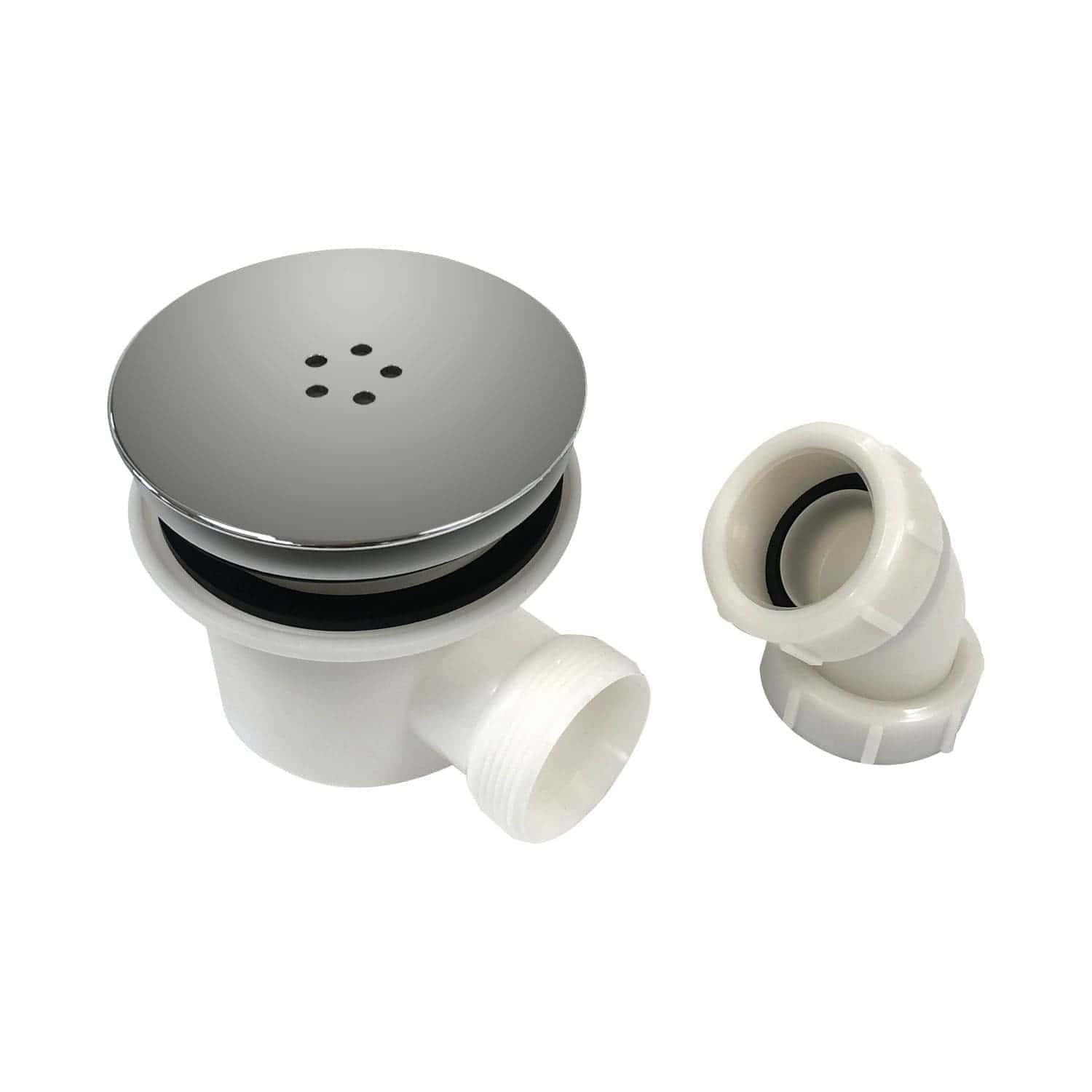 Flexible drain trap with chrome cover and adaptor, ideal for bathroom sink plumbing repairs, compatible with PVC drainage systems for optimal bathroom drainage solutions.