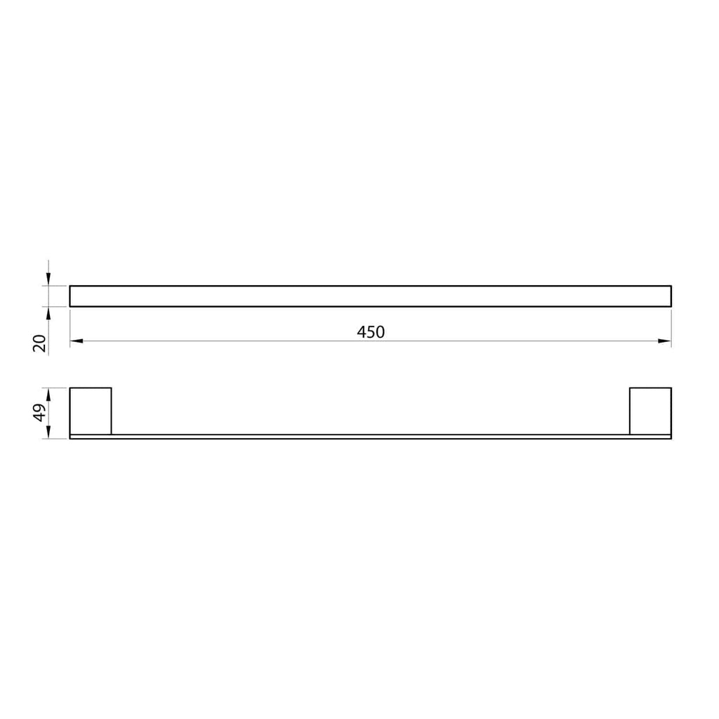 Extended chrome bathroom shelf with dimensions 450mm length, 20mm thickness, and 49mm height for stylish and practical storage.