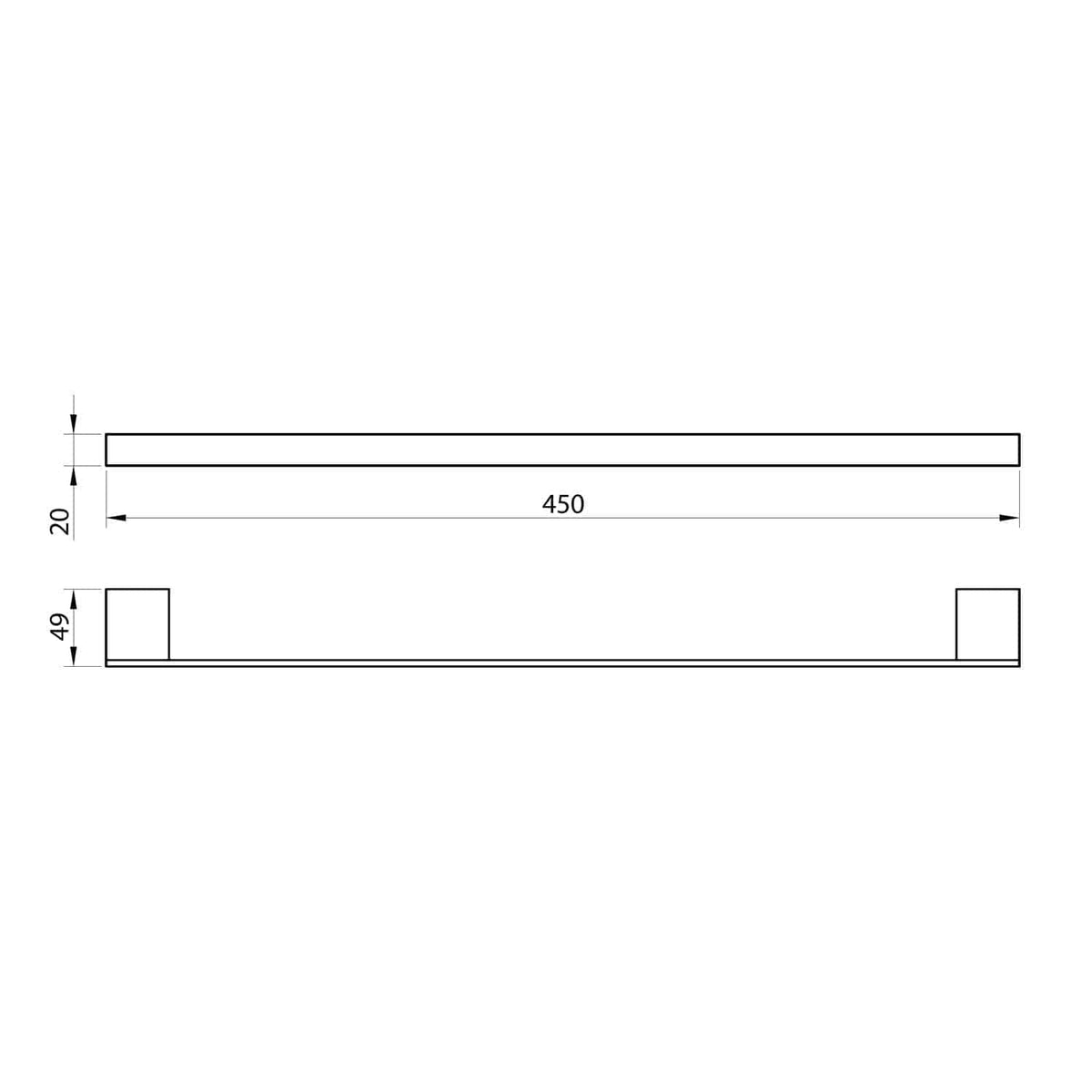Extended chrome bathroom shelf with dimensions 450mm length, 20mm thickness, and 49mm height for stylish and practical storage.