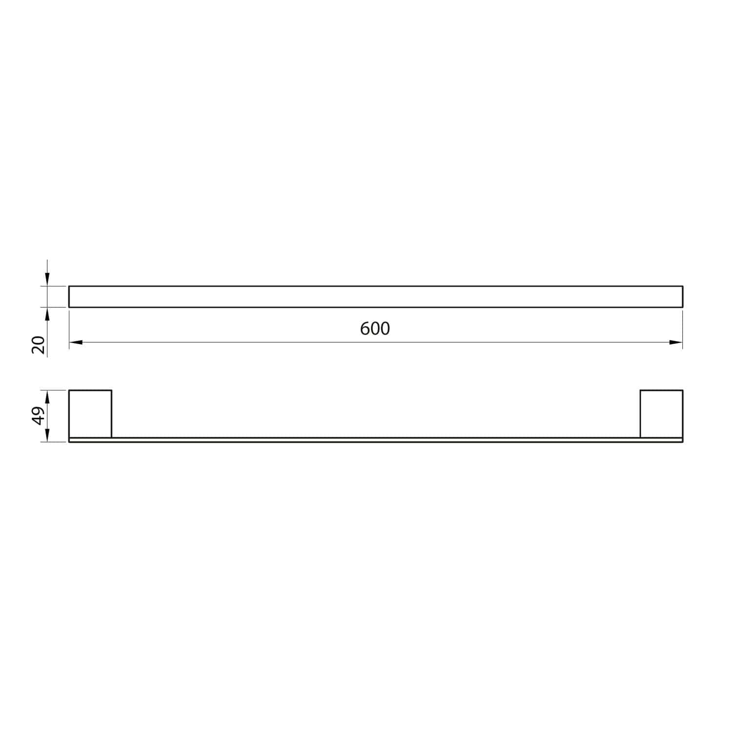 Elegant modern bathroom shelving unit with 600mm length, 20mm thickness, and sturdy support blocks, designed for stylish and functional bathroom storage solutions.